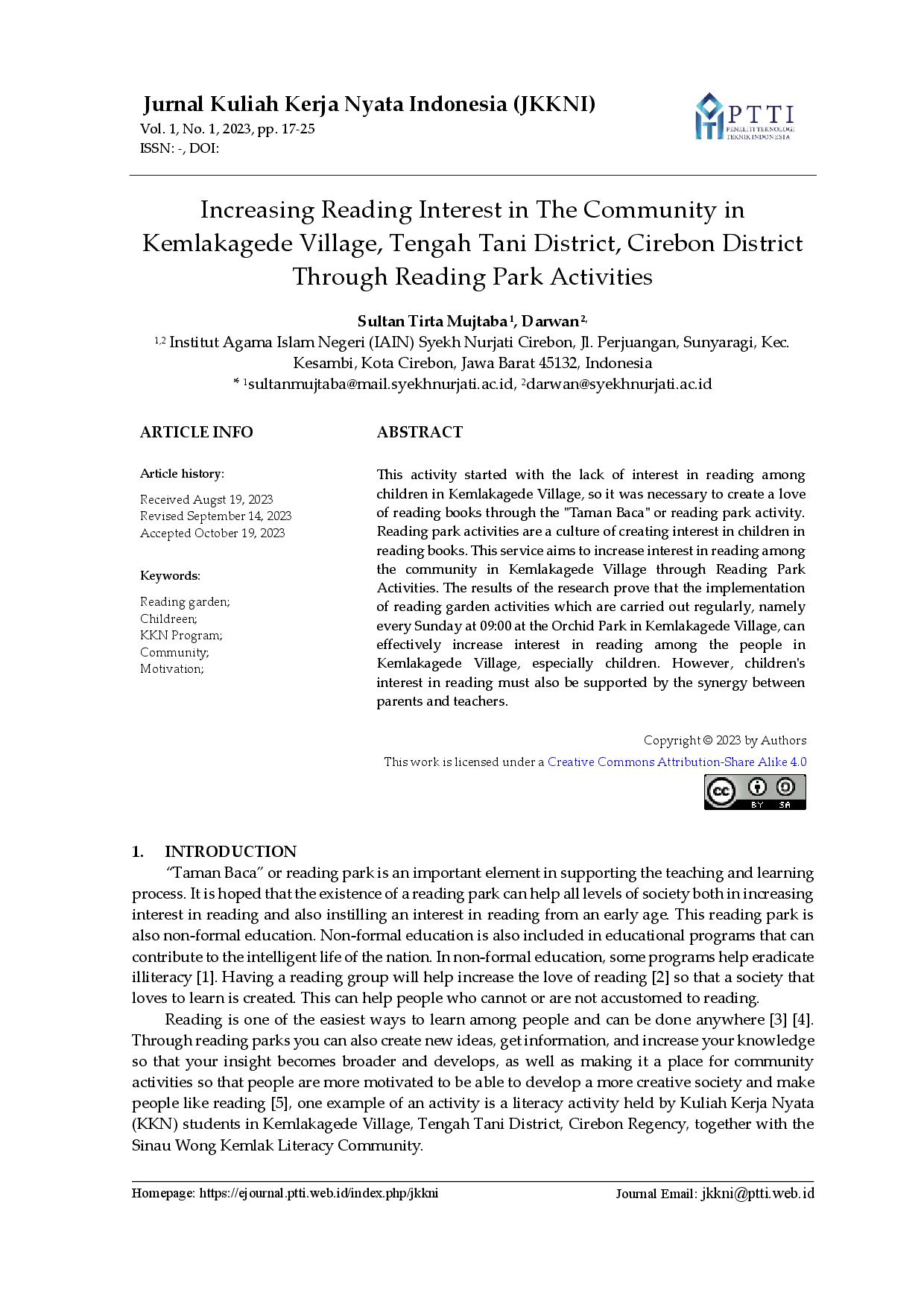 juris Increasing Reading Interest in The Community in Kemlakagede Village Tengah Tani District Cirebon District Through Reading Park Activities