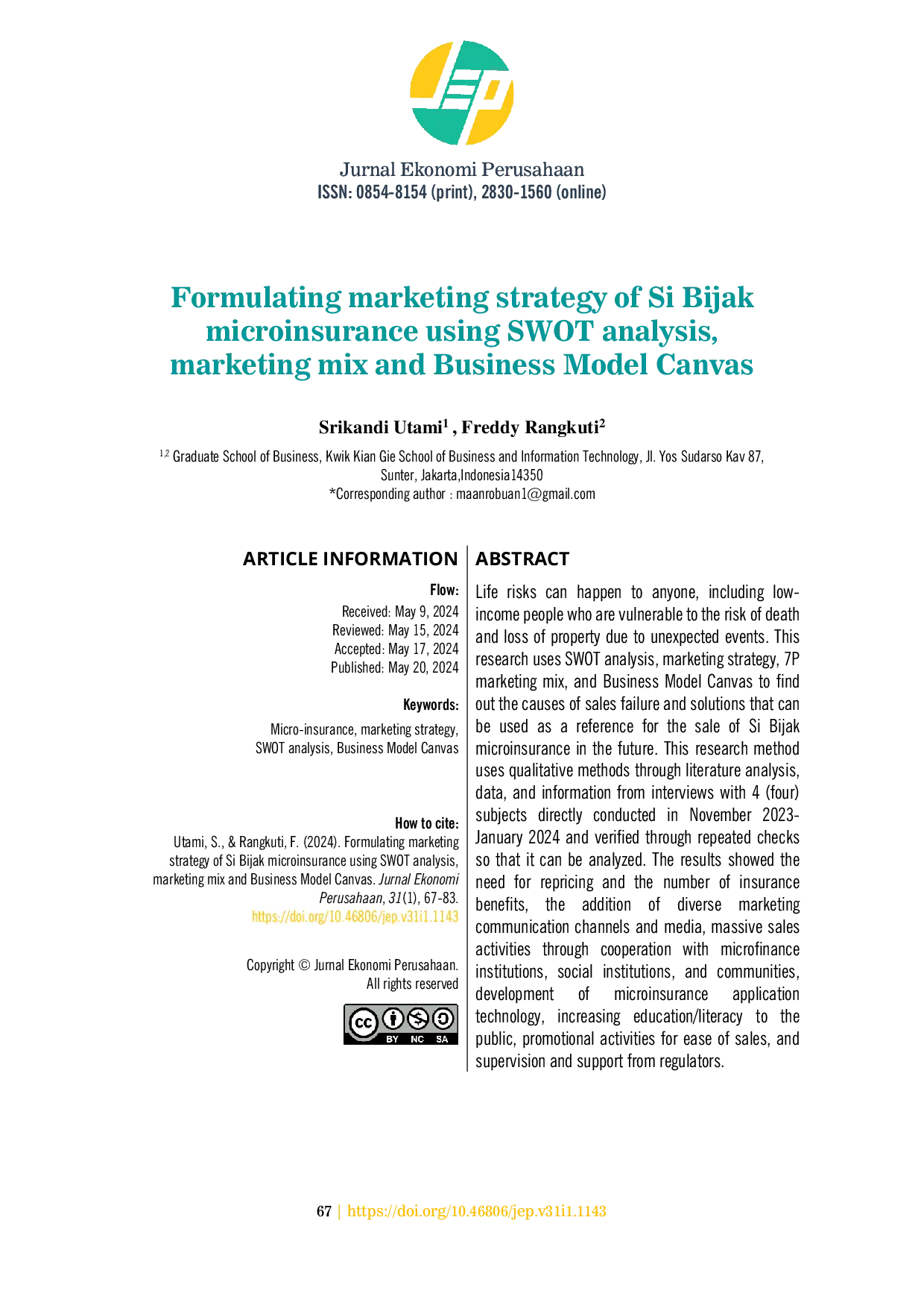 JURIS Formulating marketing strategy of Si Bijak microinsurance using SWOT analysis marketing mix and Business Model Canvas