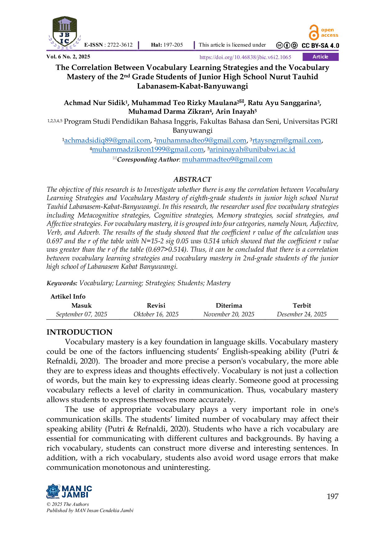 JURIS The Correlation Between Vocabulary Learning Strategies And The Vocabulary Mastery Of The 2nd Grade Students Of Junior High School Nurut Tauhid Labanasem Kabat Banyuwangi