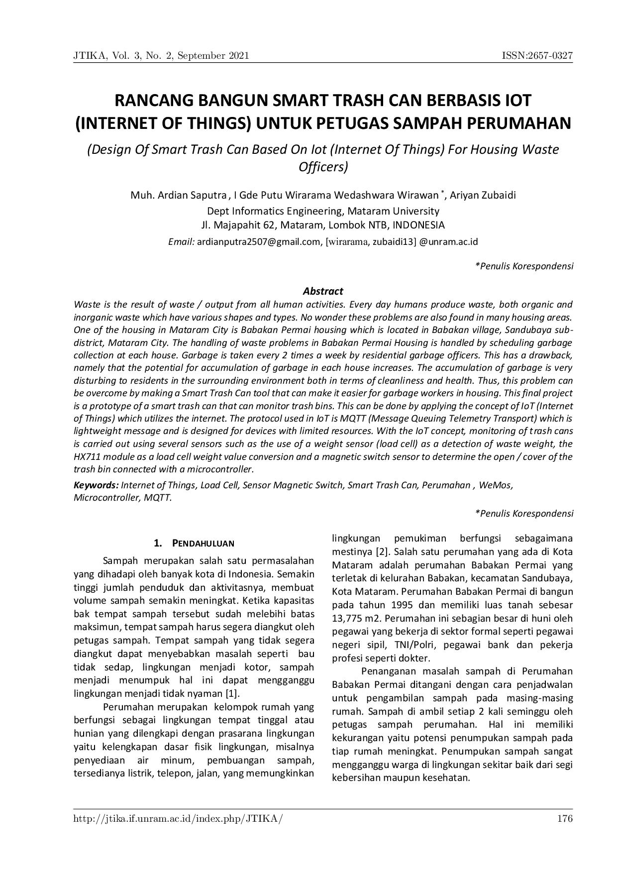 JURIS Rancang Bangun Smart Trash Can berbasis IoT Internet of Things untuk Petugas Sampah Perumahan