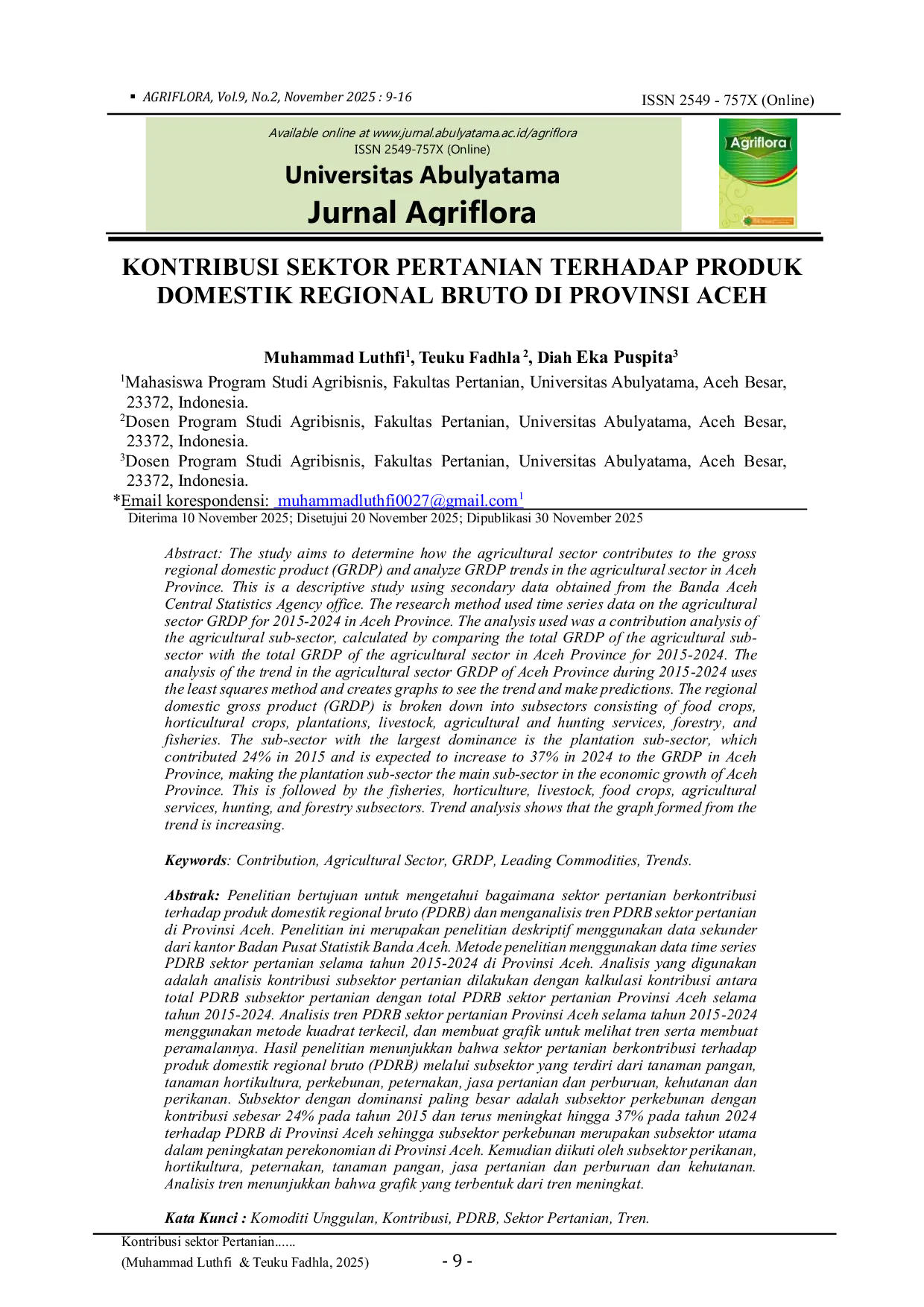 JURIS Kontribusi Sektor Pertanian Terhadap Produk Domestik Regional Bruto Di Provinsi Aceh