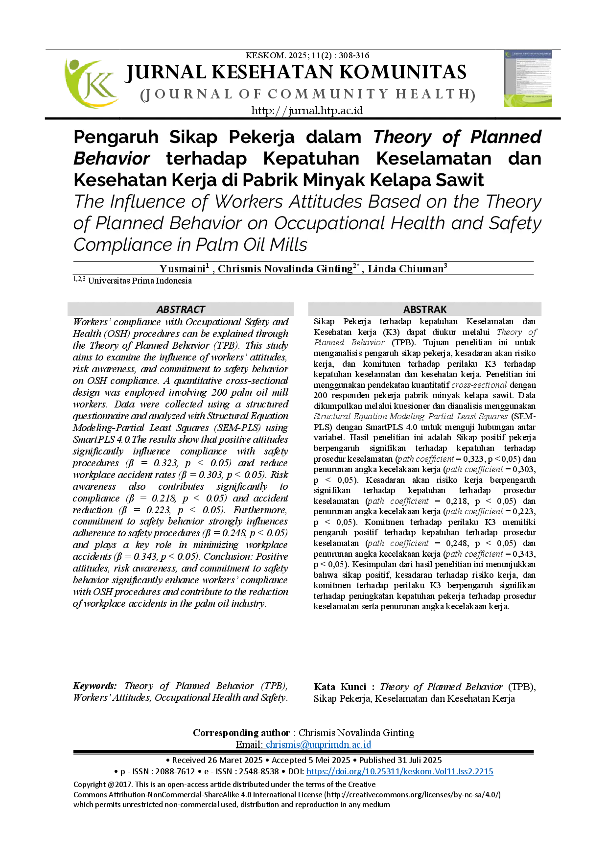 juris Pengaruh Sikap Pekerja Dalam Theory Of Planned Behavior Terhadap Kepatuhan Keselamatan Dan Kesehatan Kerja Di Pabrik Minyak Kelapa Sawit