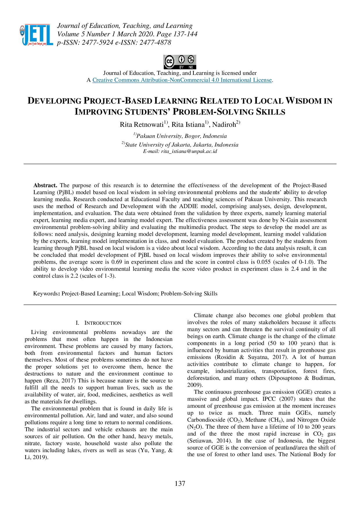 juris Developing Project Based Learning Related to Local Wisdom in Improving Students Problem Solving Skills