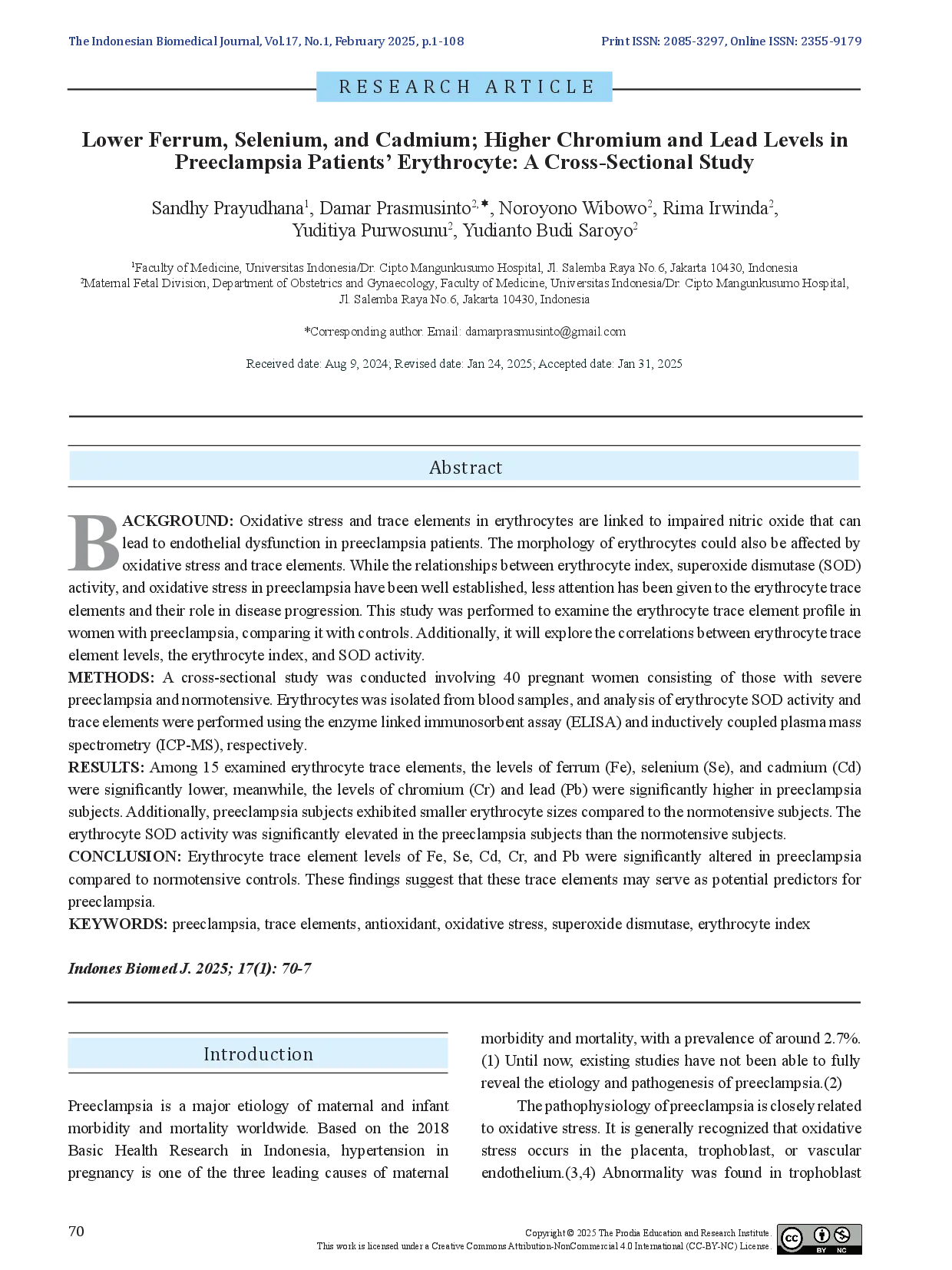 juris Lower Ferrum Selenium and Cadmium Higher Chromium and Lead Levels in Preeclampsia Patients Erythrocyte A Cross Sectional Study