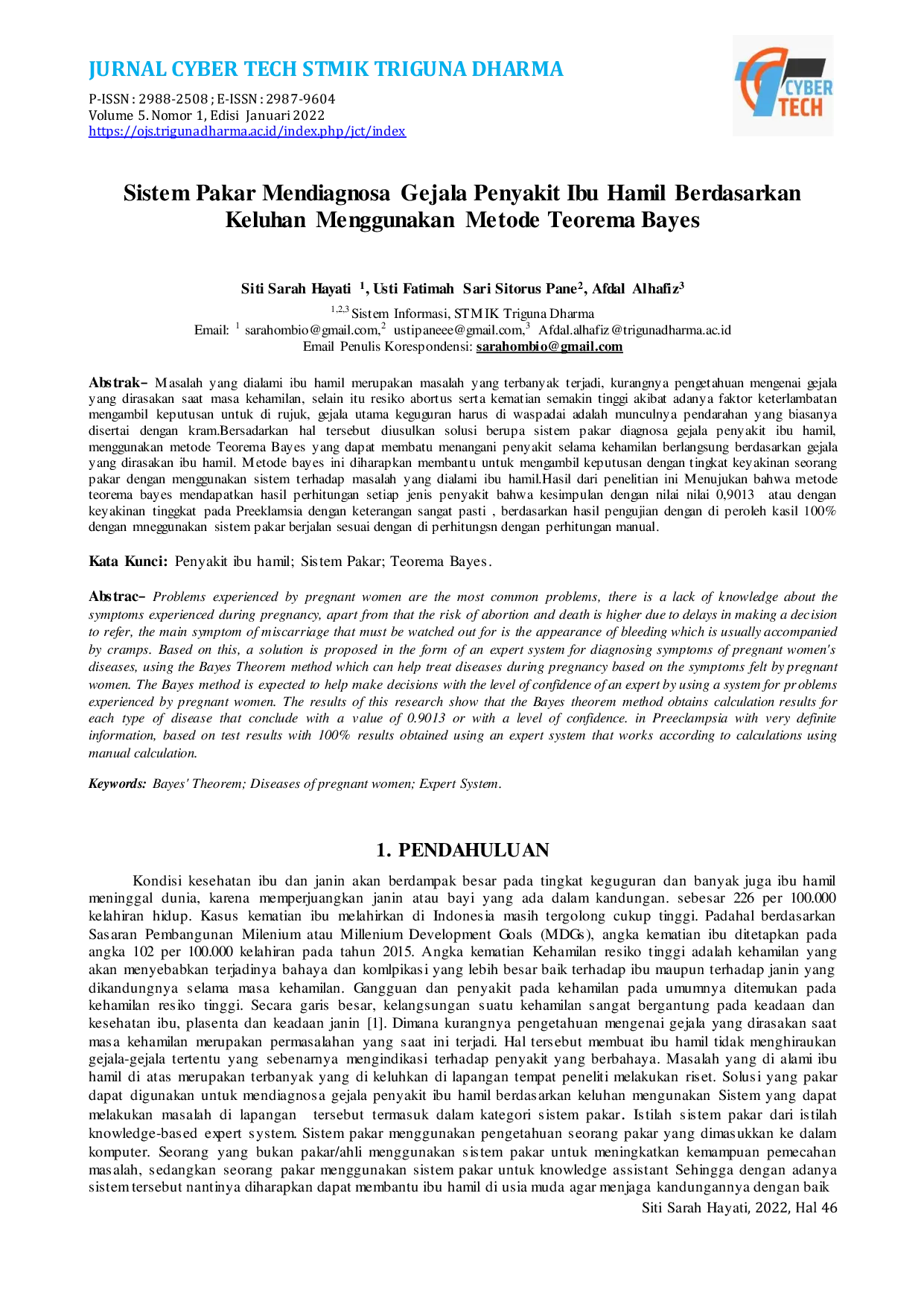 JURIS Sistem Pakar Mendiagnosa Gejala Penyakit Ibu Hamil Berdasarkan Keluhan Menggunakan Metode Teorema Bayes