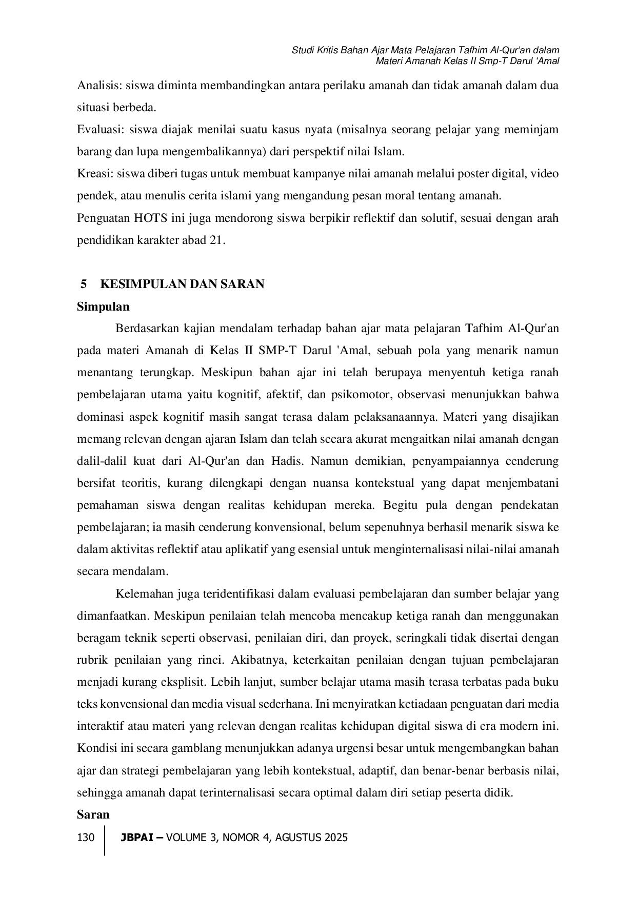 JURIS Studi Kritis Bahan Ajar Mata Pelajaran Tafhim Al Qur an dalam Materi Amanah Kelas II Smp T Darul Amal