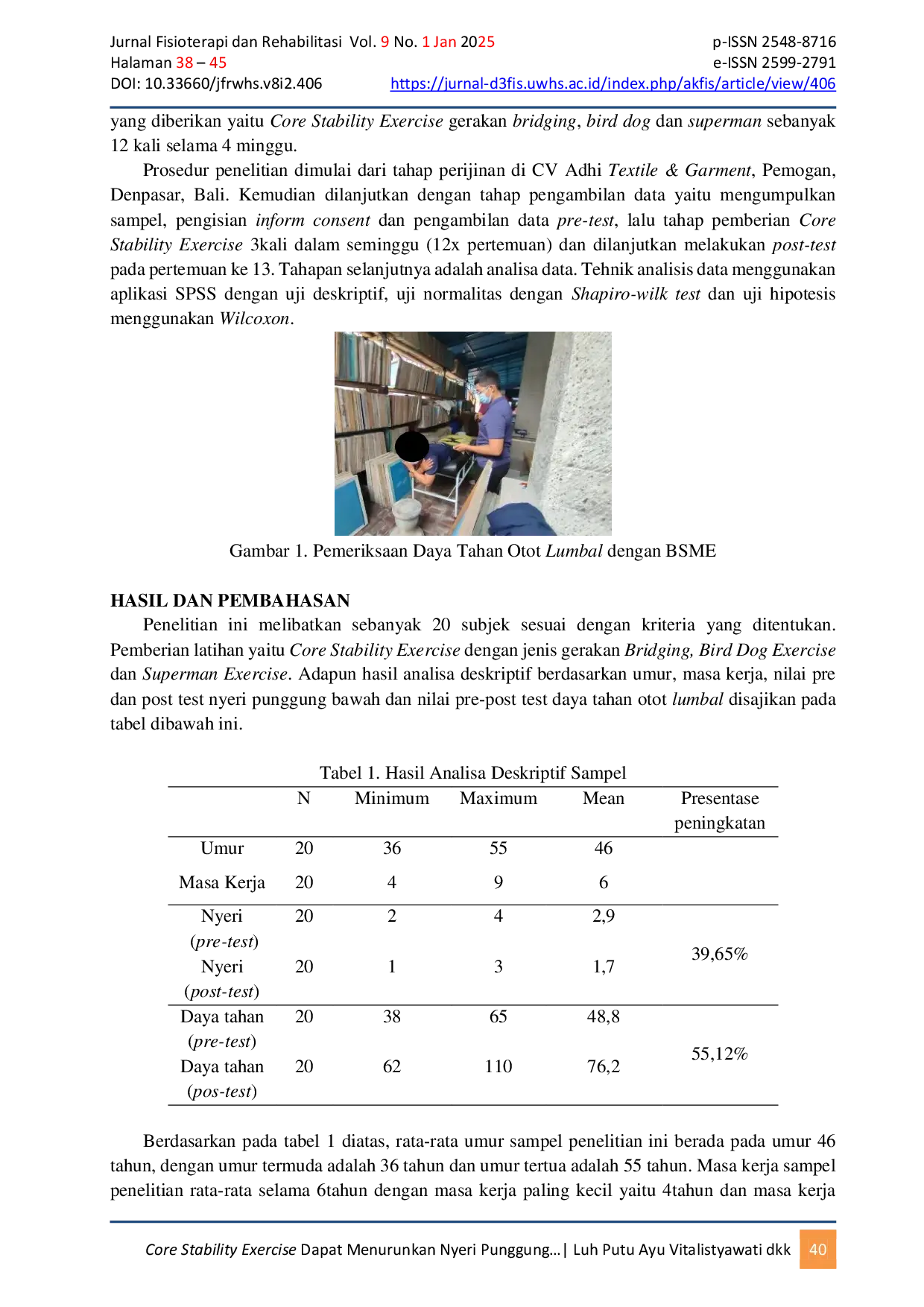 JURIS Core Stability Exercise Dapat Menurunkan Nyeri Punggung Bawah Dan Meningkatkan Daya Tahan Otot Lumbal Pada Pekerja Penjahit