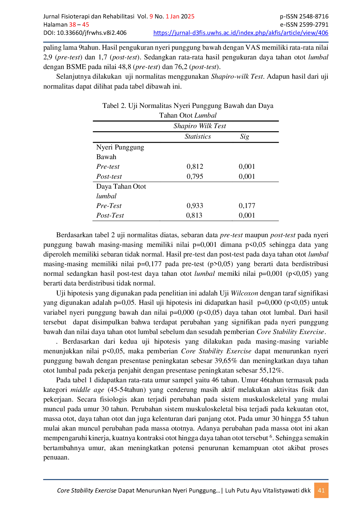 JURIS Core Stability Exercise Dapat Menurunkan Nyeri Punggung Bawah Dan Meningkatkan Daya Tahan Otot Lumbal Pada Pekerja Penjahit