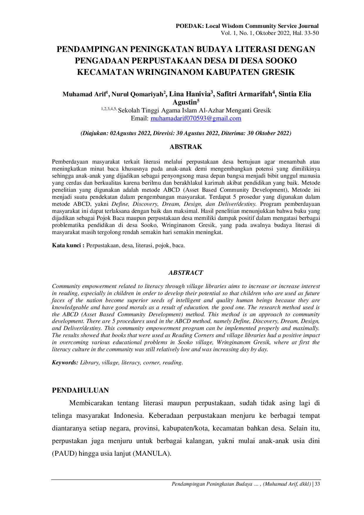 JURIS Pendampingan Peningkatan Budaya Literasi Dengan Pengadaan Perpustakaan Desa Di Desa Sooko Kecamatan Wringinanom Kabupaten Gresik