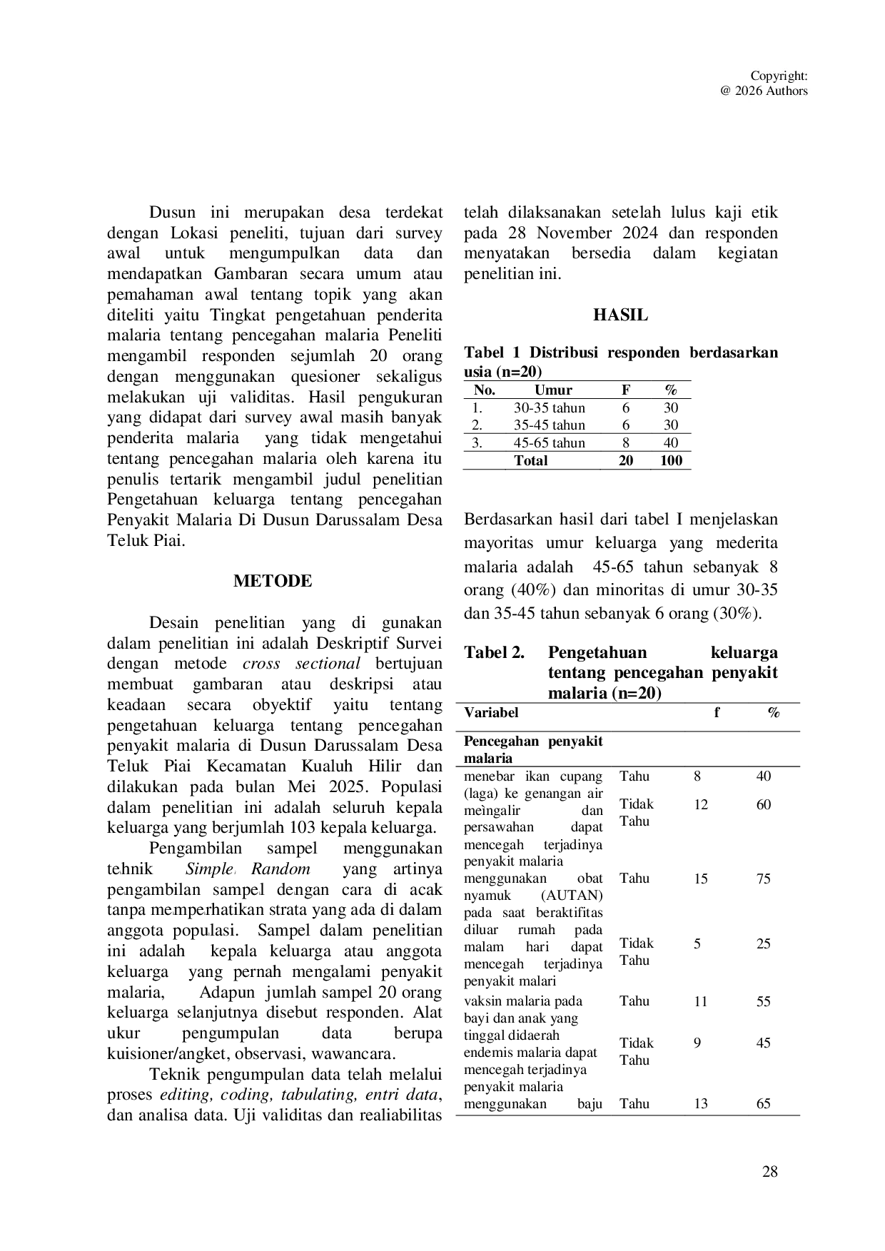 JURIS Pengetahuan Keluarga Tentang Pencegahan Penyakit Malaria