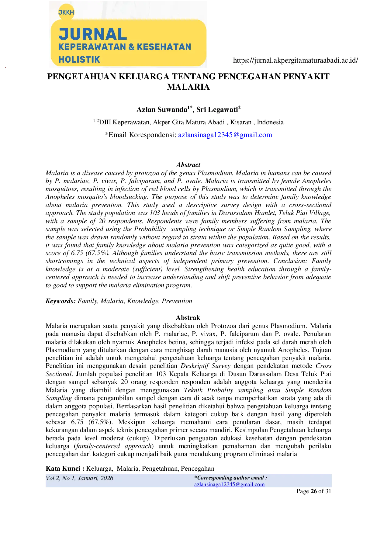 JURIS Pengetahuan Keluarga Tentang Pencegahan Penyakit Malaria