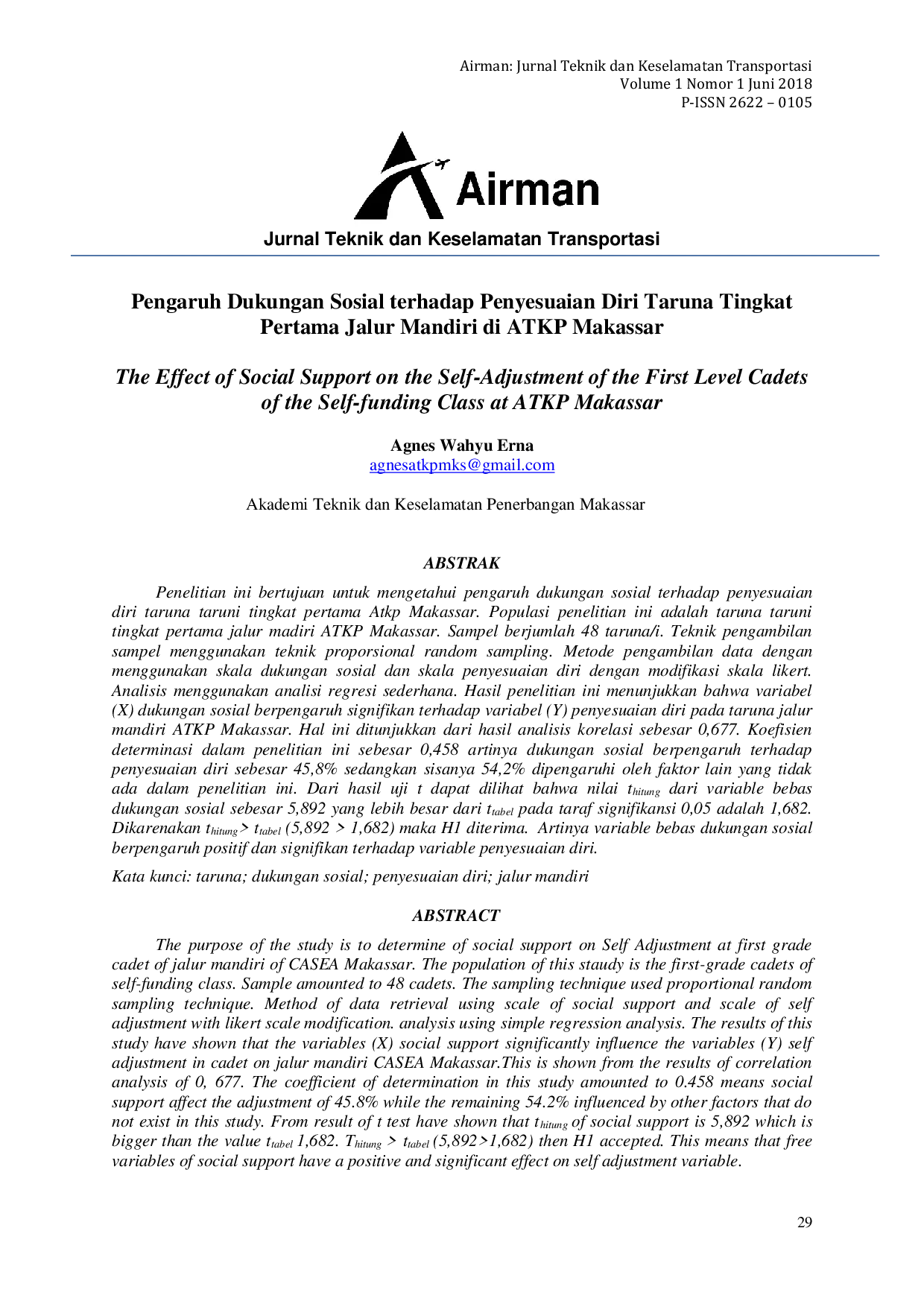 JURIS Pengaruh Dukungan Sosial terhadap Penyesuaian Diri Taruna Tingkat Pertama Jalur Mandiri di ATKP Makassar