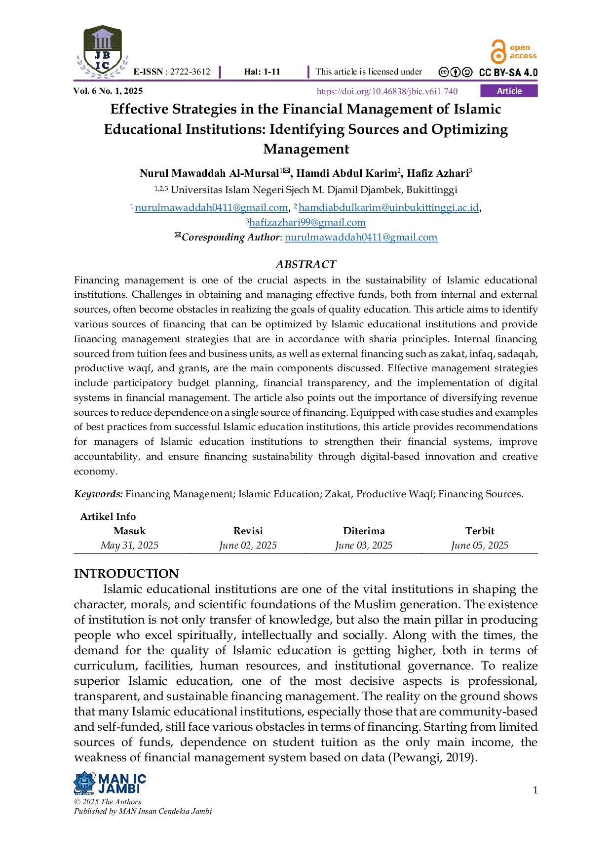 JURIS Effective Strategies in the Financial Management of Islamic Educational Institutions Identifying Sources and Optimizing Management