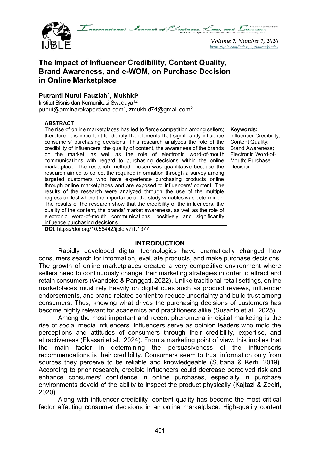JURIS The Impact of Influencer Credibility Content Quality Brand Awareness and e WOM on Purchase Decision in Online Marketplace