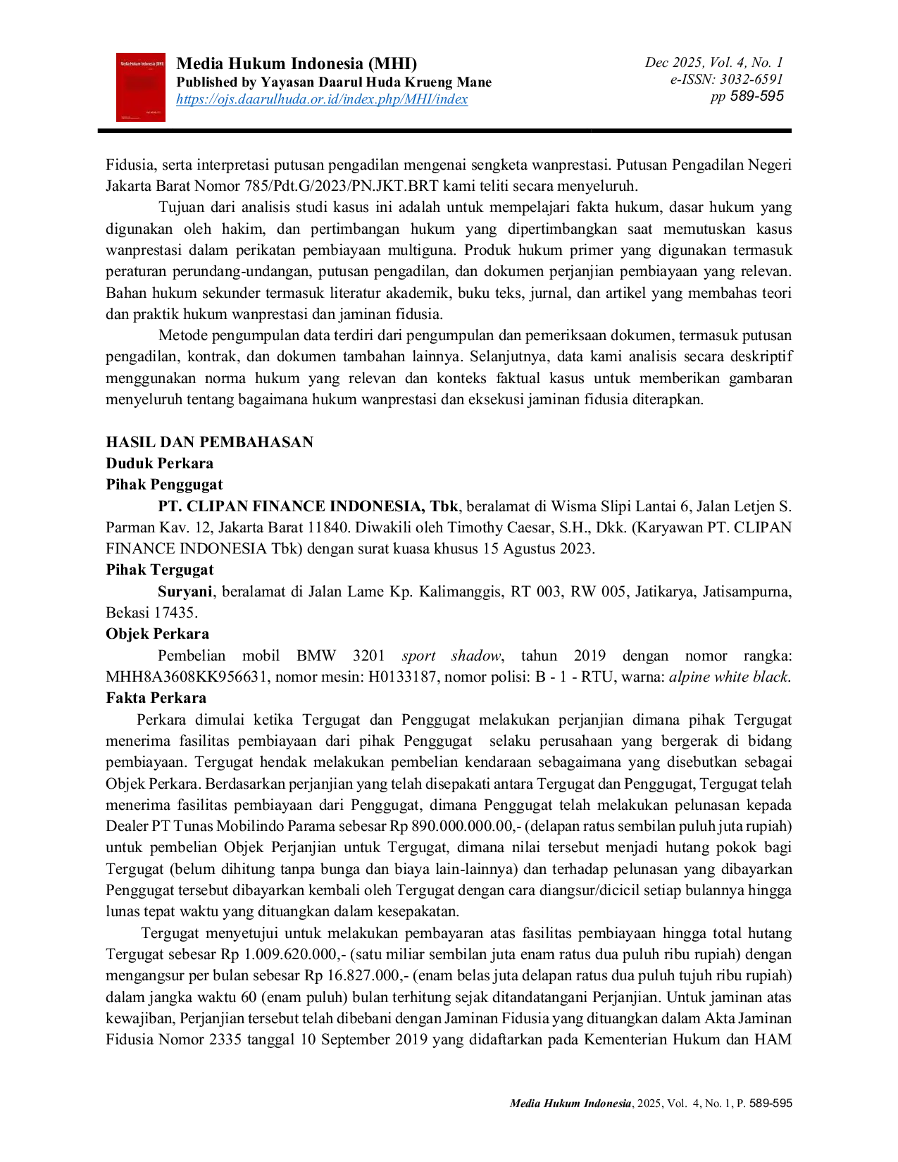 JURIS Analisis Kasus Perikatan Wanprestasi dalam Putusan Pengadilan Negeri Jakarta Barat Nomor 785 PDT G 2023 PN JKT BRT