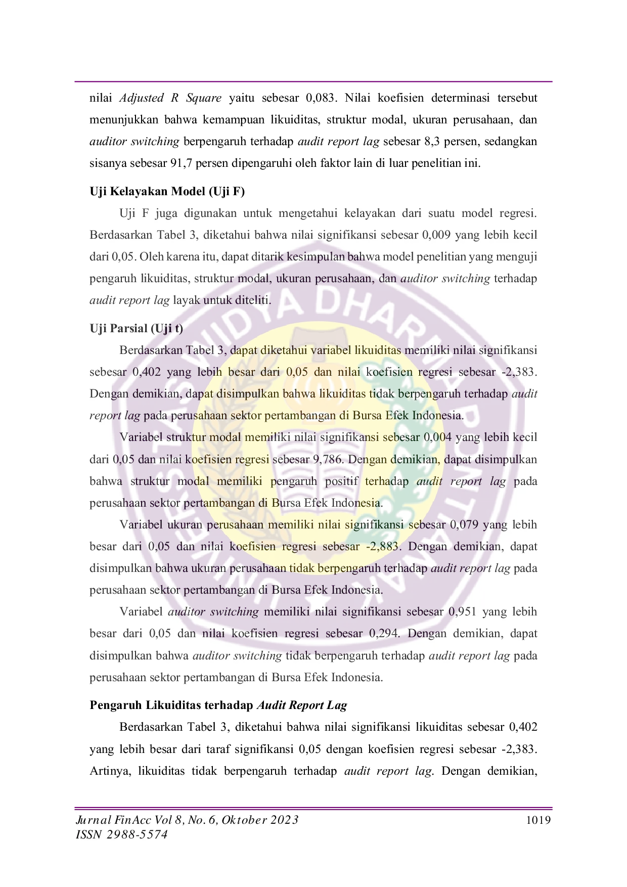 JURIS Analisis Pengaruh Likuiditas Struktur Modal Ukuran Perusahaan Dan Auditor Switching Terhadap Audit Report Lag Pada Perusahaan Sektor Pertambangan Di Bursa Efek Indonesia