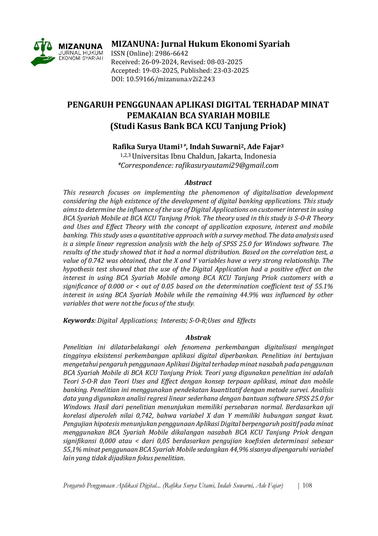 JURIS PENGARUH PENGGUNAAN APLIKASI DIGITAL TERHADAP MINAT PEMAKAIAN BCA SYARIAH MOBILE Studi Kasus Bank BCA KCU Tanjung Priok