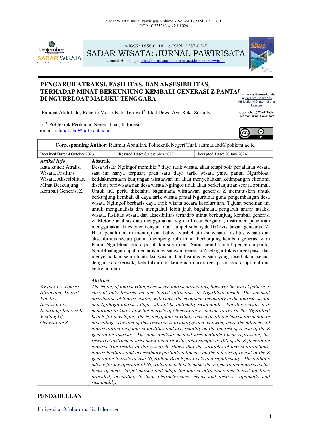JURIS Pengaruh Atraksi Fasilitas Dan Aksesibilitas Terhadap Minat Berkunjung Kembali Generasi Z Pantai Di Ngurbloat Maluku Tenggara