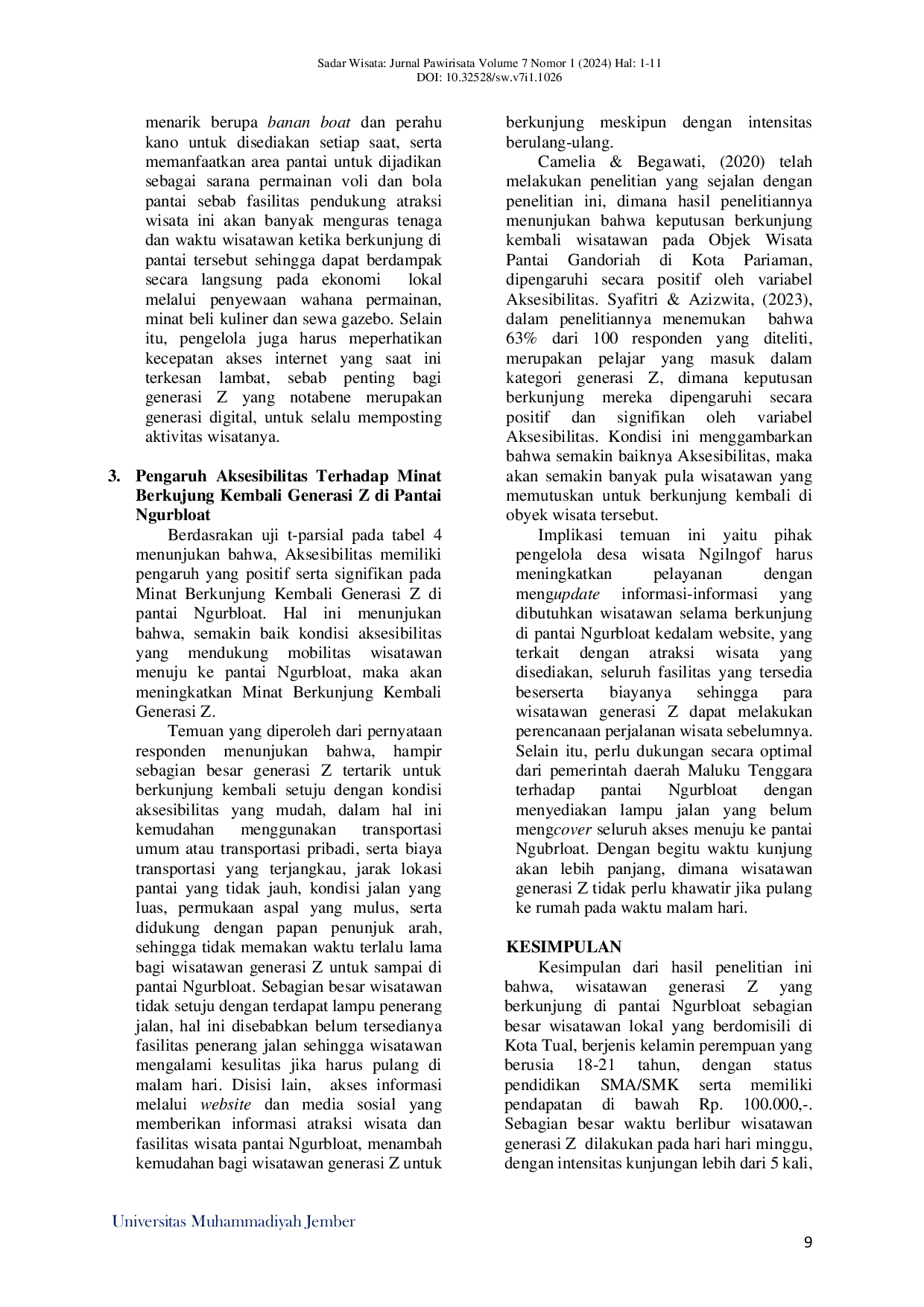 JURIS Pengaruh Atraksi Fasilitas Dan Aksesibilitas Terhadap Minat Berkunjung Kembali Generasi Z Pantai Di Ngurbloat Maluku Tenggara