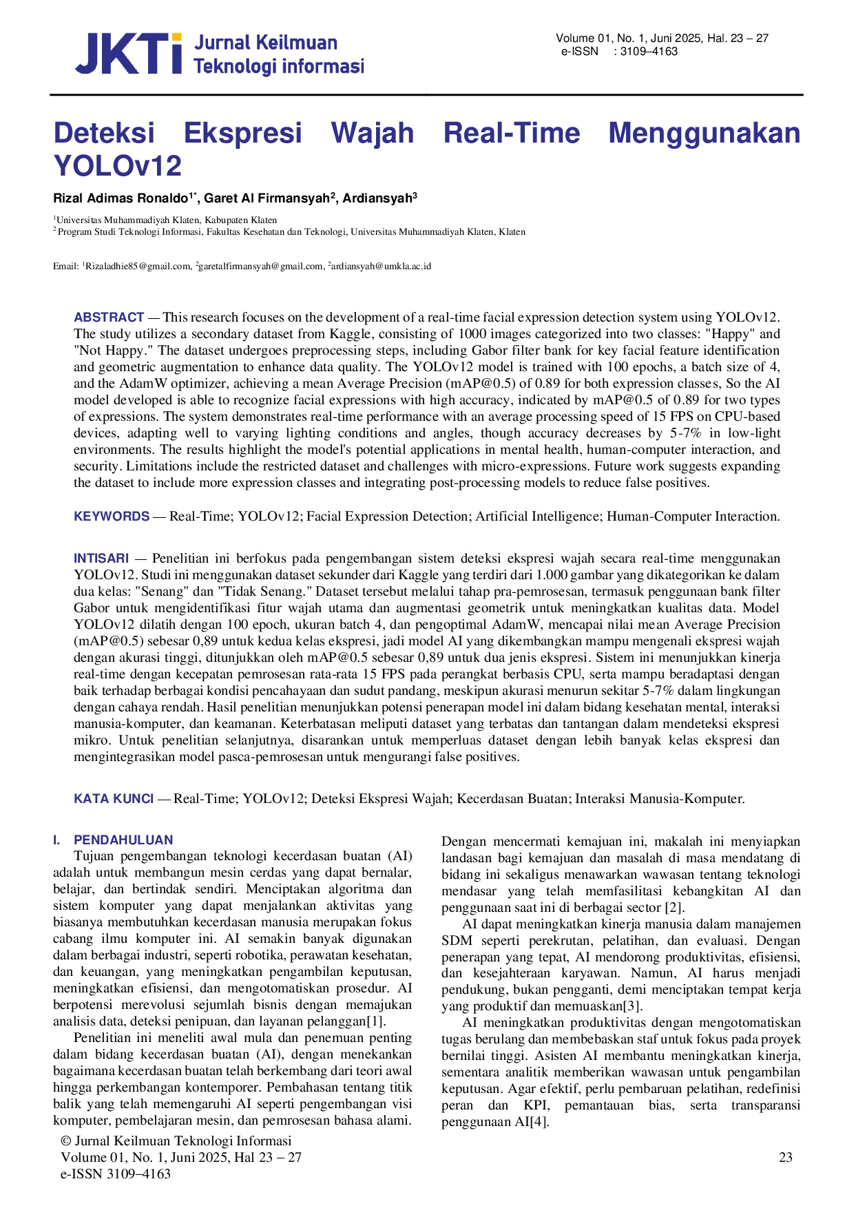 juris Deteksi Ekspresi Wajah Real Time Menggunakan YOLOv12