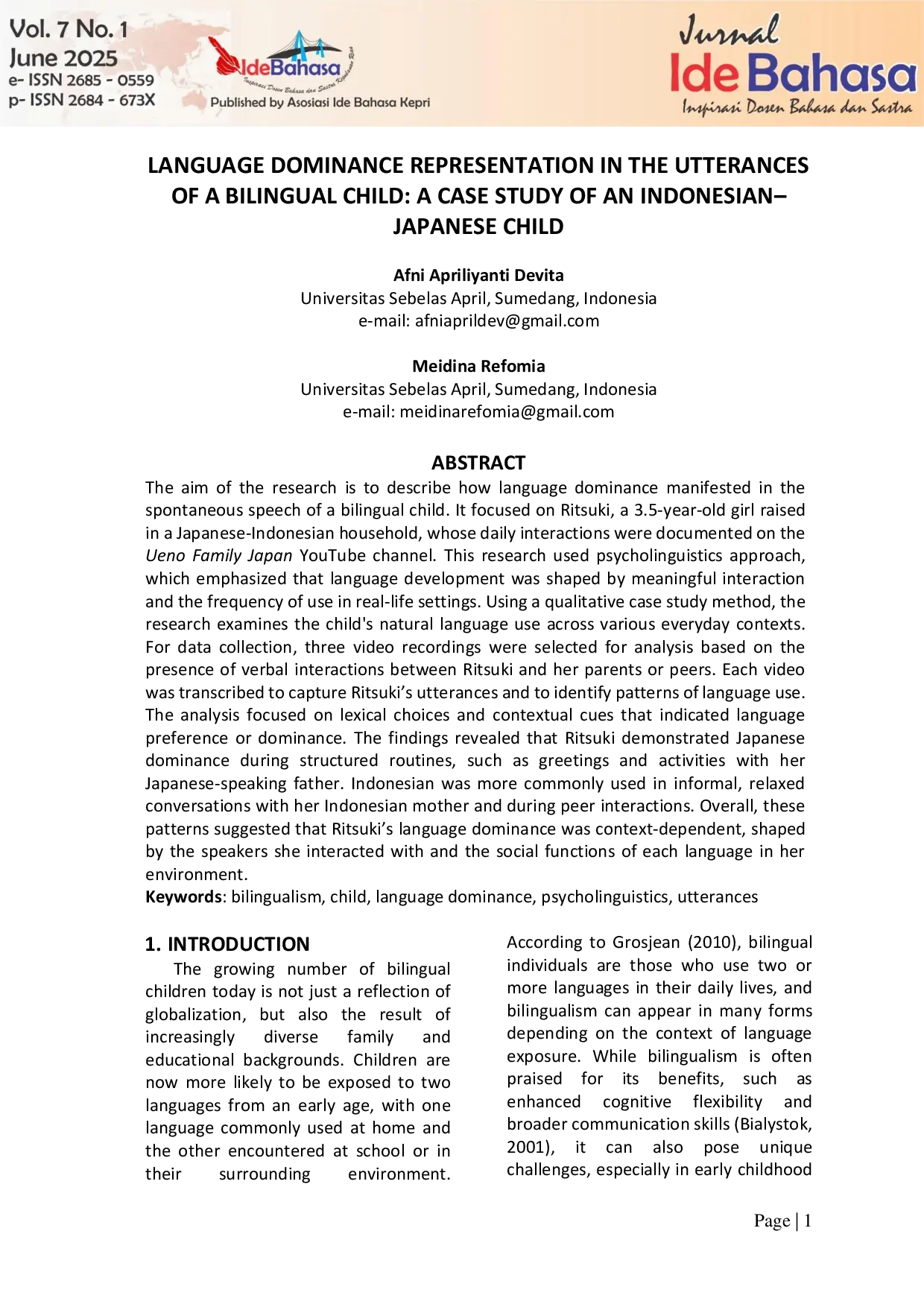 JURIS Language Dominance Representation In The Utterances Of A Bilingual Child A Case Study Of An Indonesian Japanese Child