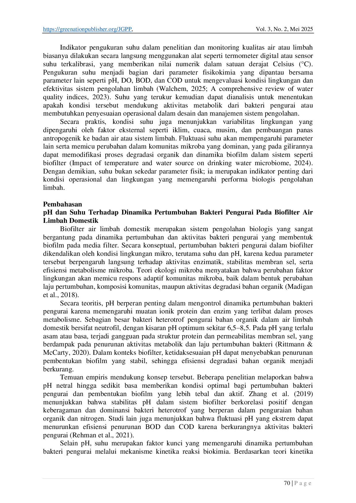 juris Dinamika Pertumbuhan Bakteri Pengurai pada Biofilter Air Limbah Domestik di Bawah Variasi pH dan Suhu