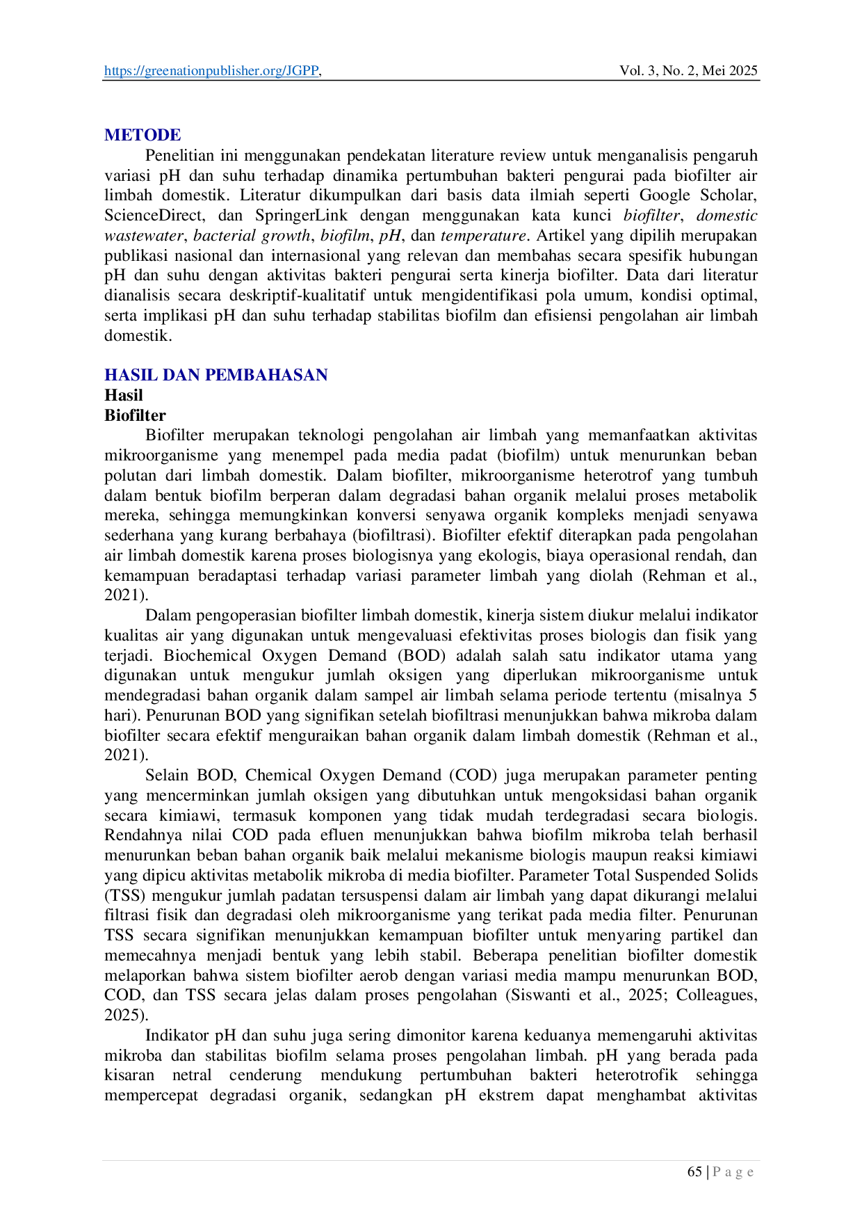 juris Dinamika Pertumbuhan Bakteri Pengurai pada Biofilter Air Limbah Domestik di Bawah Variasi pH dan Suhu