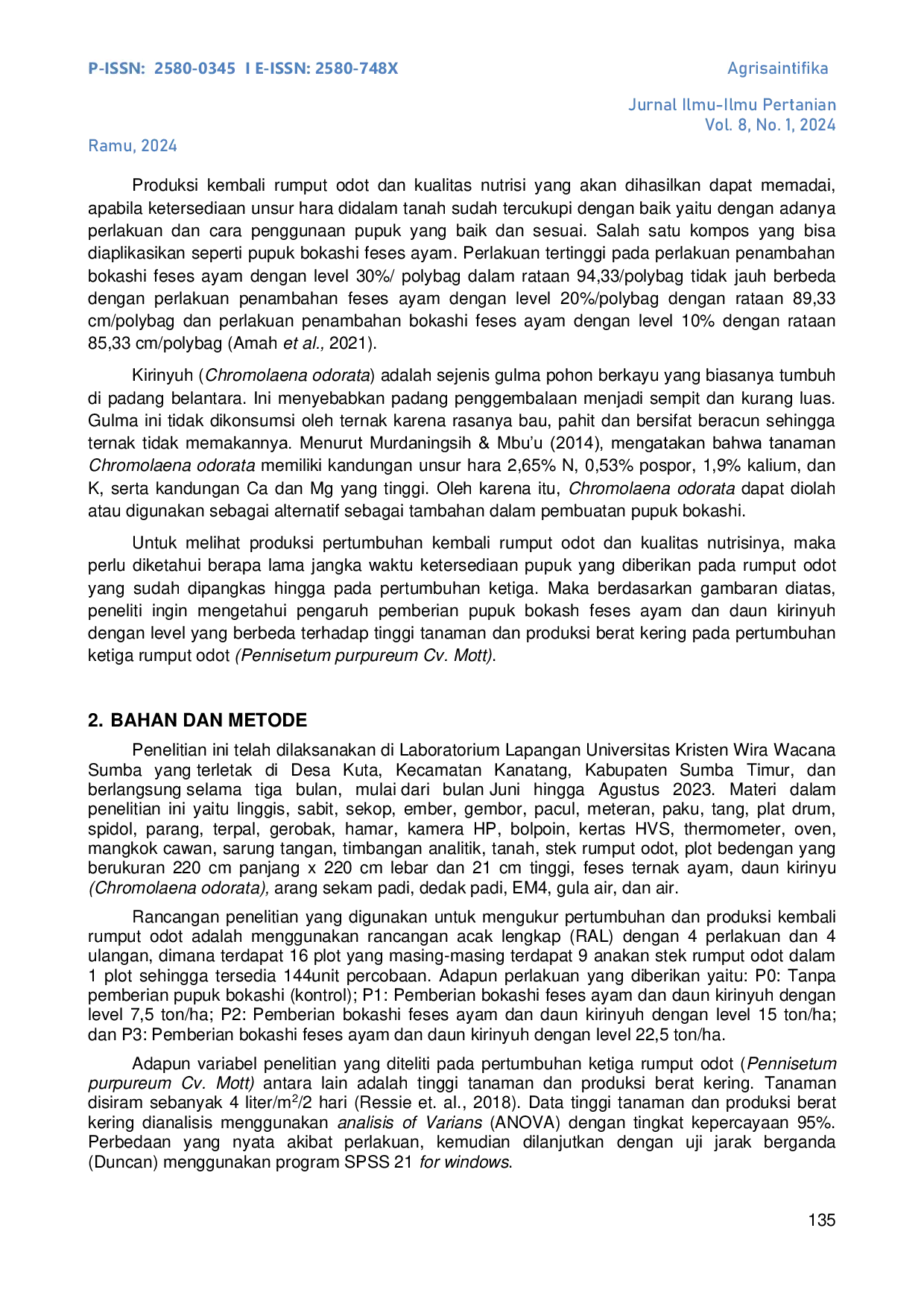 JURIS Pengaruh Pemberian Pupuk Bokashi Feses Ayam Dan Daun Kirinyuh Terhadap Pertumbuhan Dan Produksi Tanaman Rumput Odot Pennisetum Purpureum Cv Mott