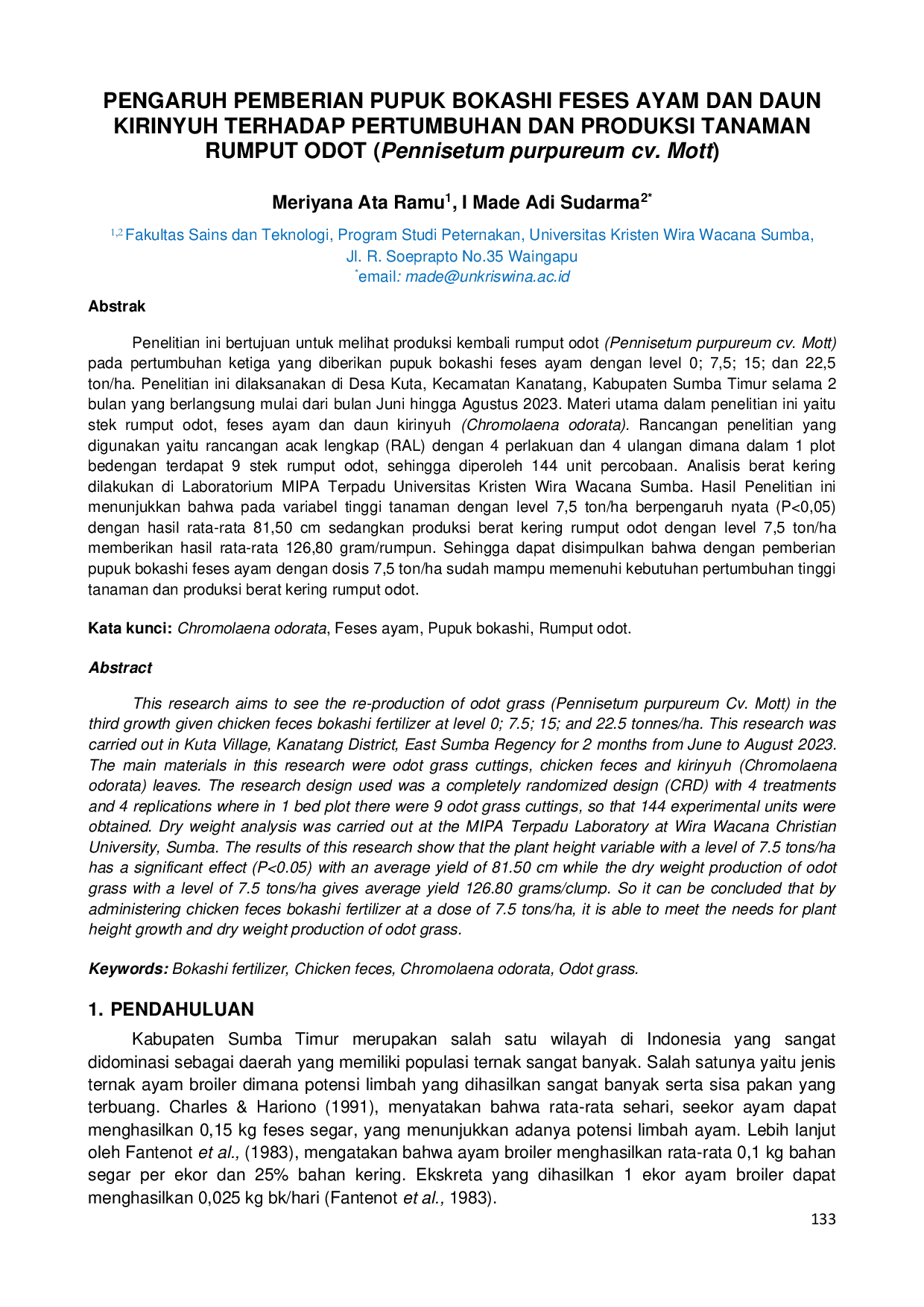JURIS Pengaruh Pemberian Pupuk Bokashi Feses Ayam Dan Daun Kirinyuh Terhadap Pertumbuhan Dan Produksi Tanaman Rumput Odot Pennisetum Purpureum Cv Mott