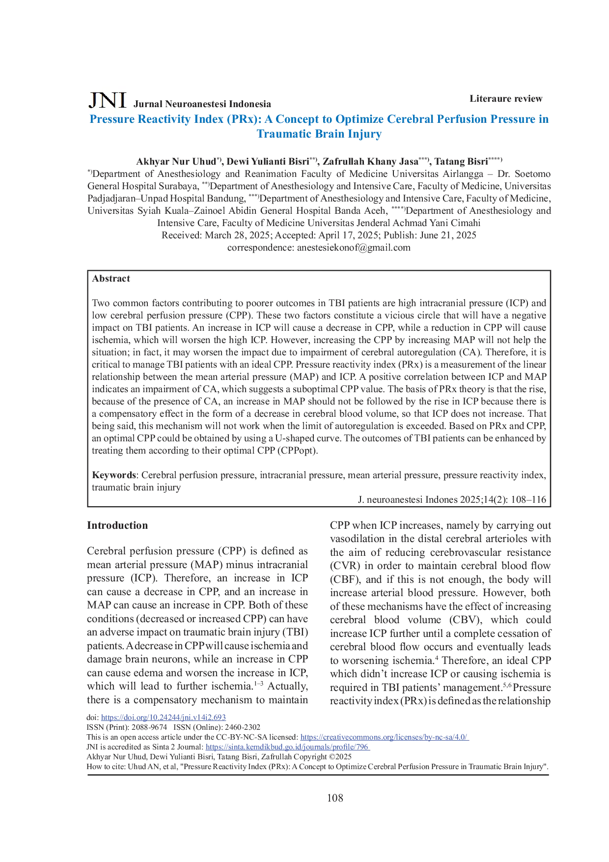JURIS Pressure Reactivity Index PRx A Concept to Optimize Cerebral Perfusion Pressure in Traumatic Brain Injury
