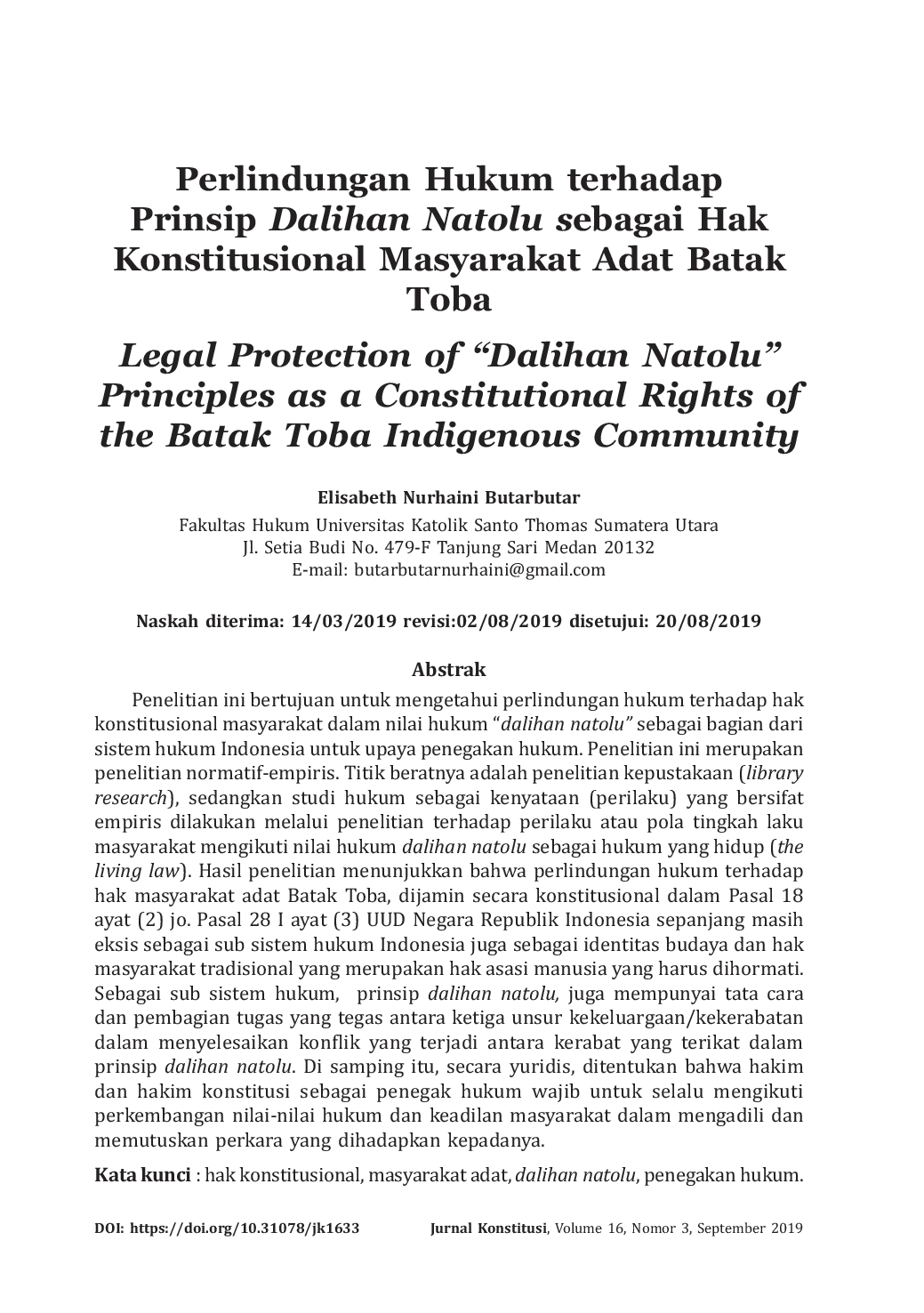 JURIS Perlindungan Hukum terhadap Prinsip Dalihan Natolu sebagai Hak Konstitusional Masyarakat Adat Batak Toba