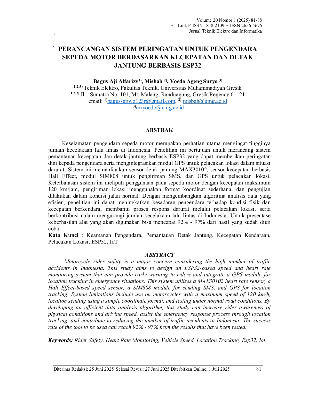 JURIS Perancangan Sistem Peringatan untuk Pengendara Sepeda Motor Berdasarkan Kecepatan dan Detak Jantung Berbasis ESP32