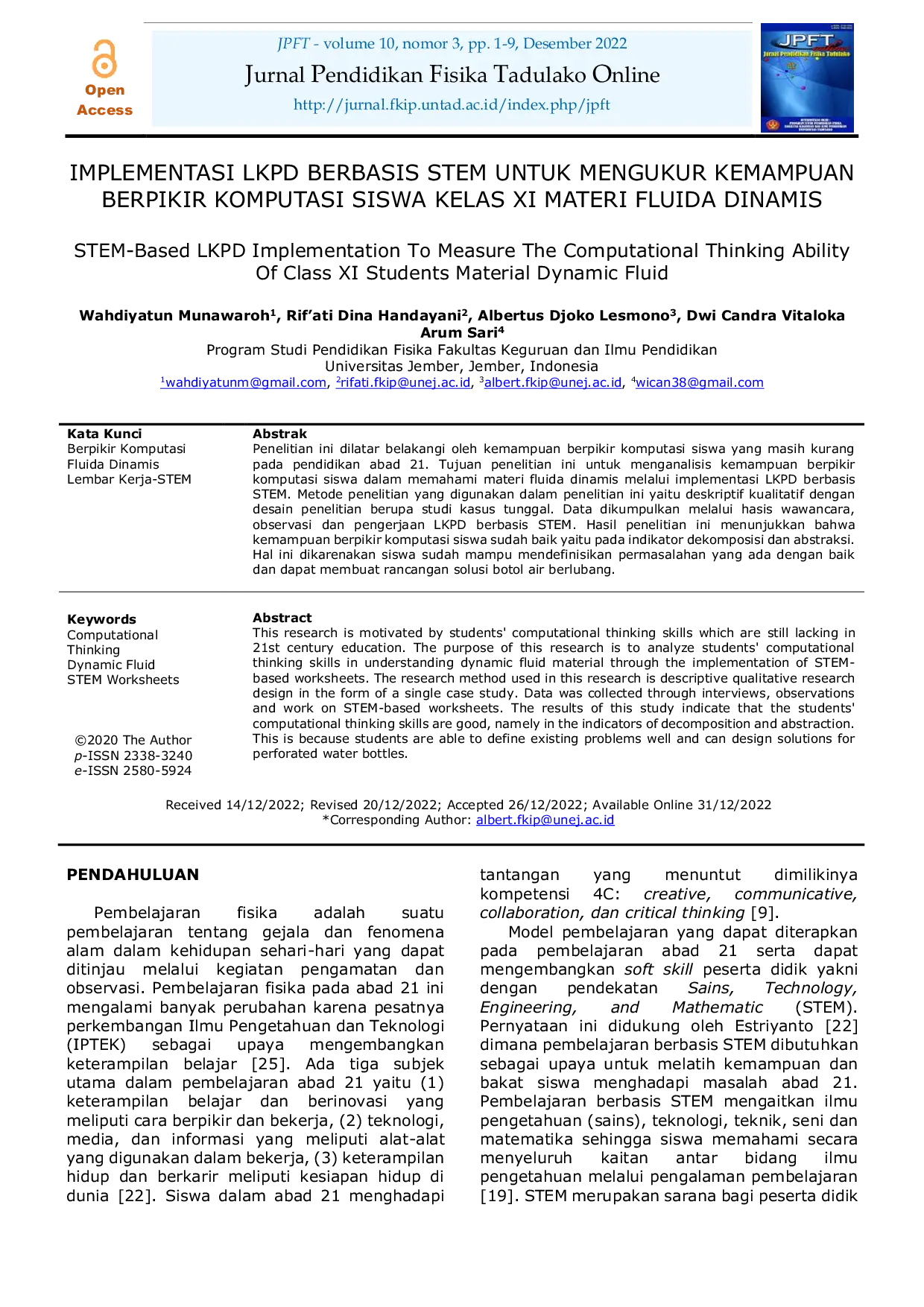 JURIS Implementasi LKPD Berbasis STEM Untuk Mengukur Kemampuan Berpikir Komputasi Siswa Kelas XI Materi Fluida Dinamis