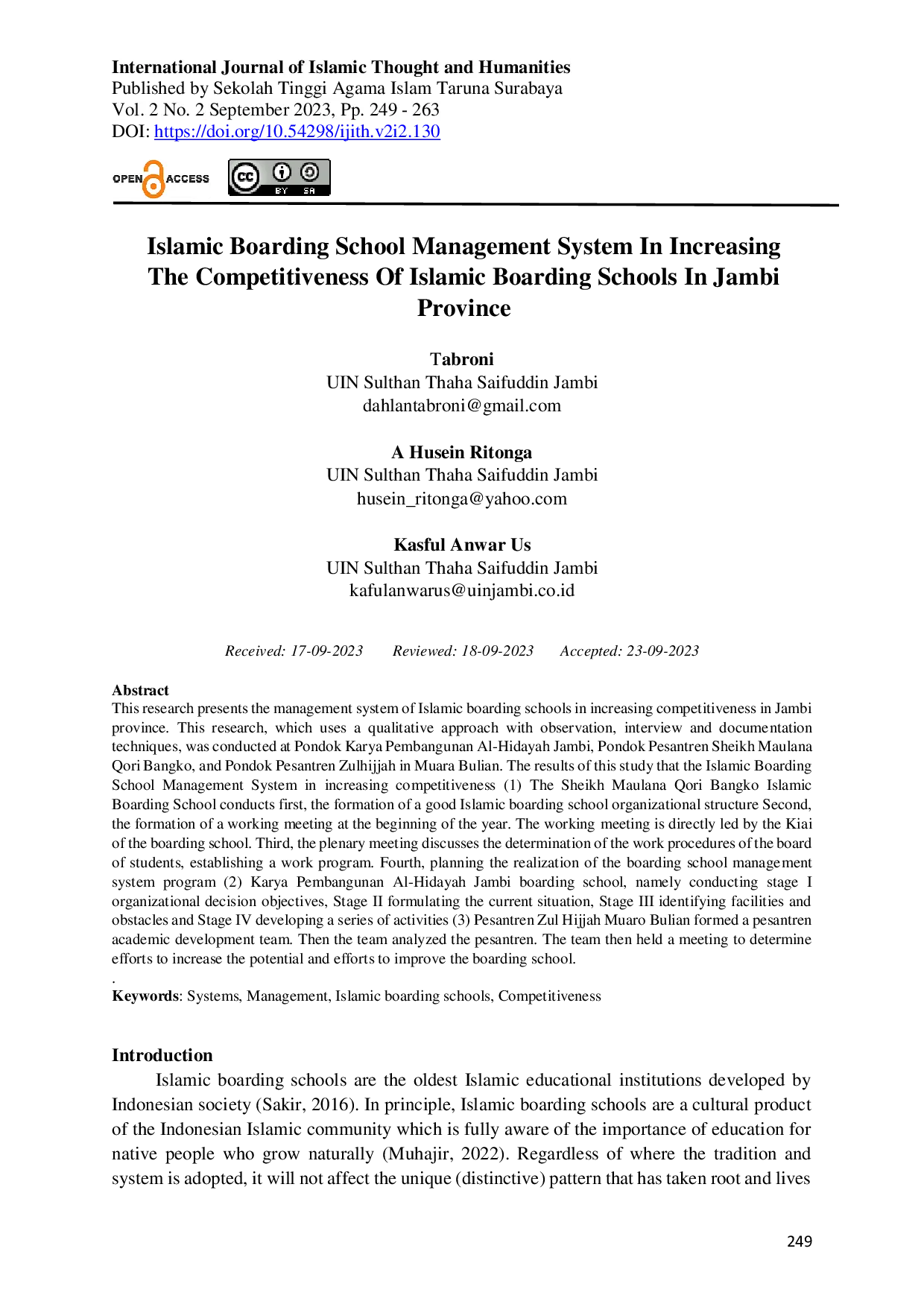 JURIS Islamic Boarding School Management System In Increasing The Competitiveness Of Islamic Boarding Schools In Jambi Province