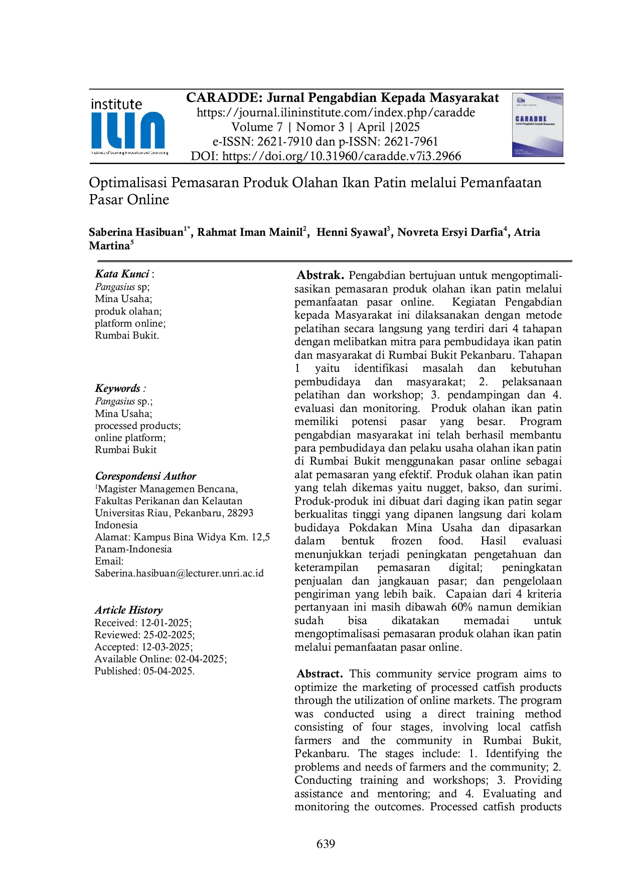 JURIS Optimalisasi Pemasaran Produk Olahan Ikan Patin melalui Pemanfaatan Pasar Online