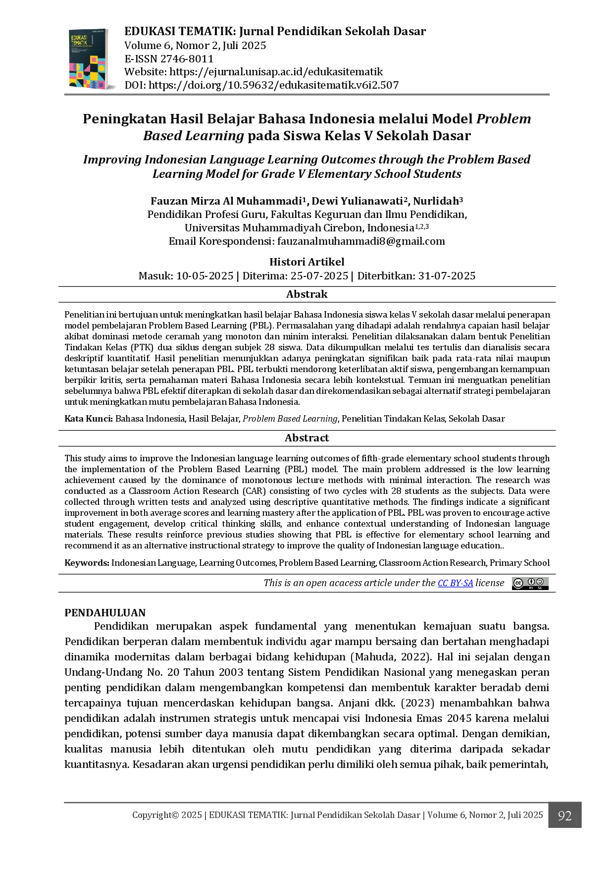 juris Peningkatan Hasil Belajar Bahasa Indonesia melalui Model Problem Based Learning pada Siswa Kelas V Sekolah Dasar