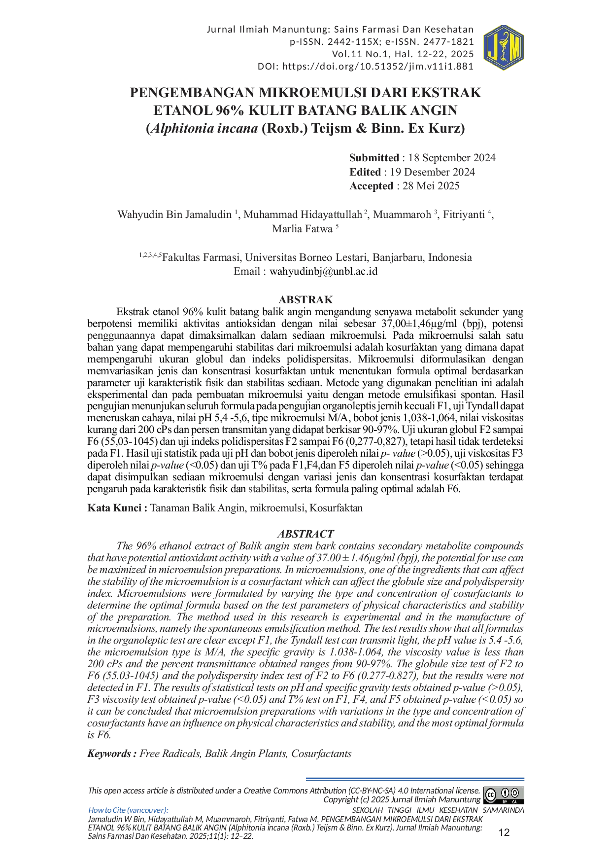 JURIS PENGEMBANGAN MIKROEMULSI DARI EKSTRAK ETANOL 96 KULIT BATANG BALIK ANGIN Alphitonia incana Roxb Teijsm Binn Ex Kurz