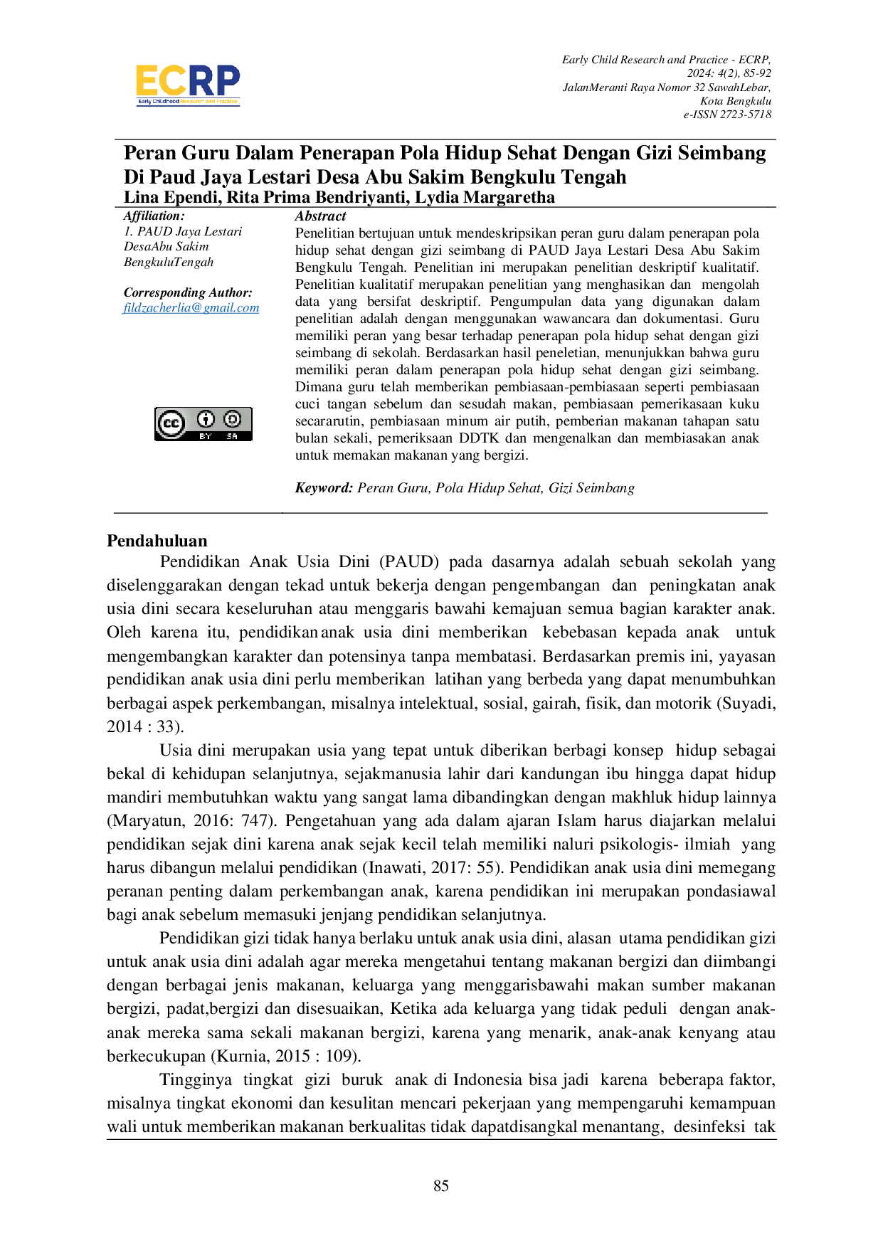 JURIS Peran Guru Dalam Penerapan Pola Hidup Sehat Dengan Gizi Seimbang Di Paud Jaya Lestari Desa Abu Sakim Bengkulu Tengah