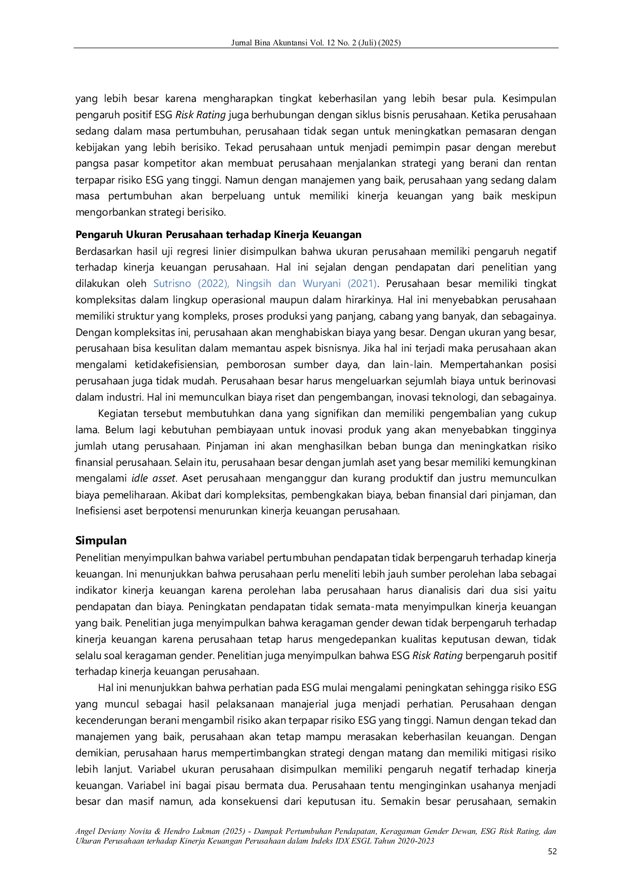 JURIS Dampak Pertumbuhan Pendapatan Keragaman Gender Dewan ESG Risk Rating dan Ukuran Perusahaan terhadap Kinerja Keuangan Perusahaan dalam Indeks IDX ESGL Tahun 2020 2023