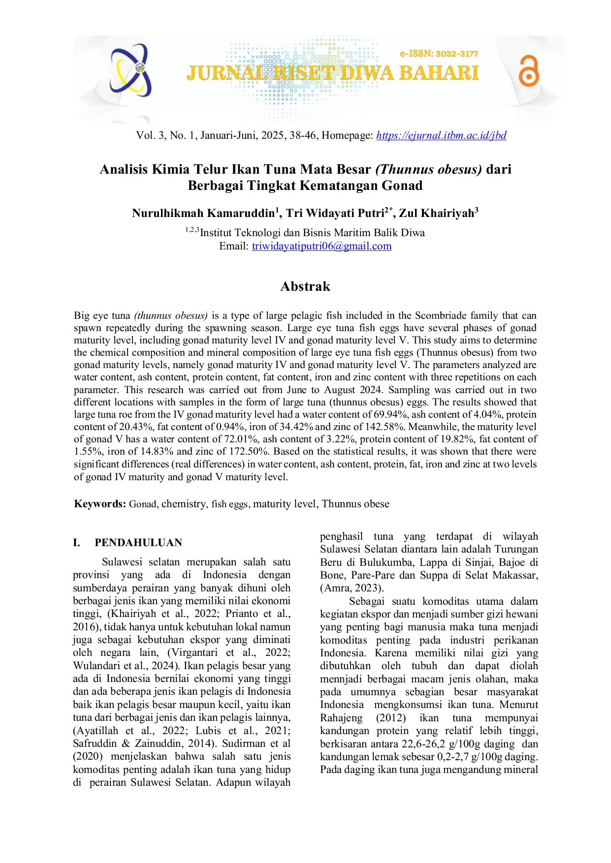 JURIS Analisis Kimia Telur Ikan Tuna Mata Besar Thunnus obesus dari Berbagai Tingkat Kematangan Gonad