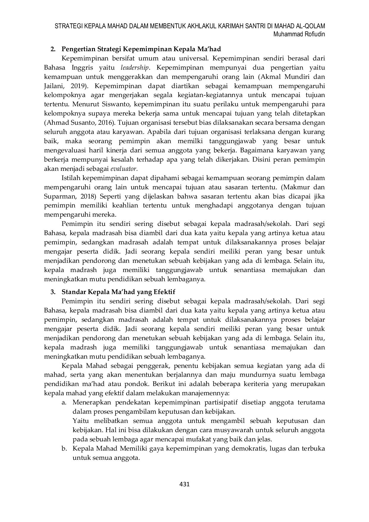 JURIS Strategi Kepala Mahad Dalam Membentuk Akhlakul Karimah Santri Di Mahad Al Qolam