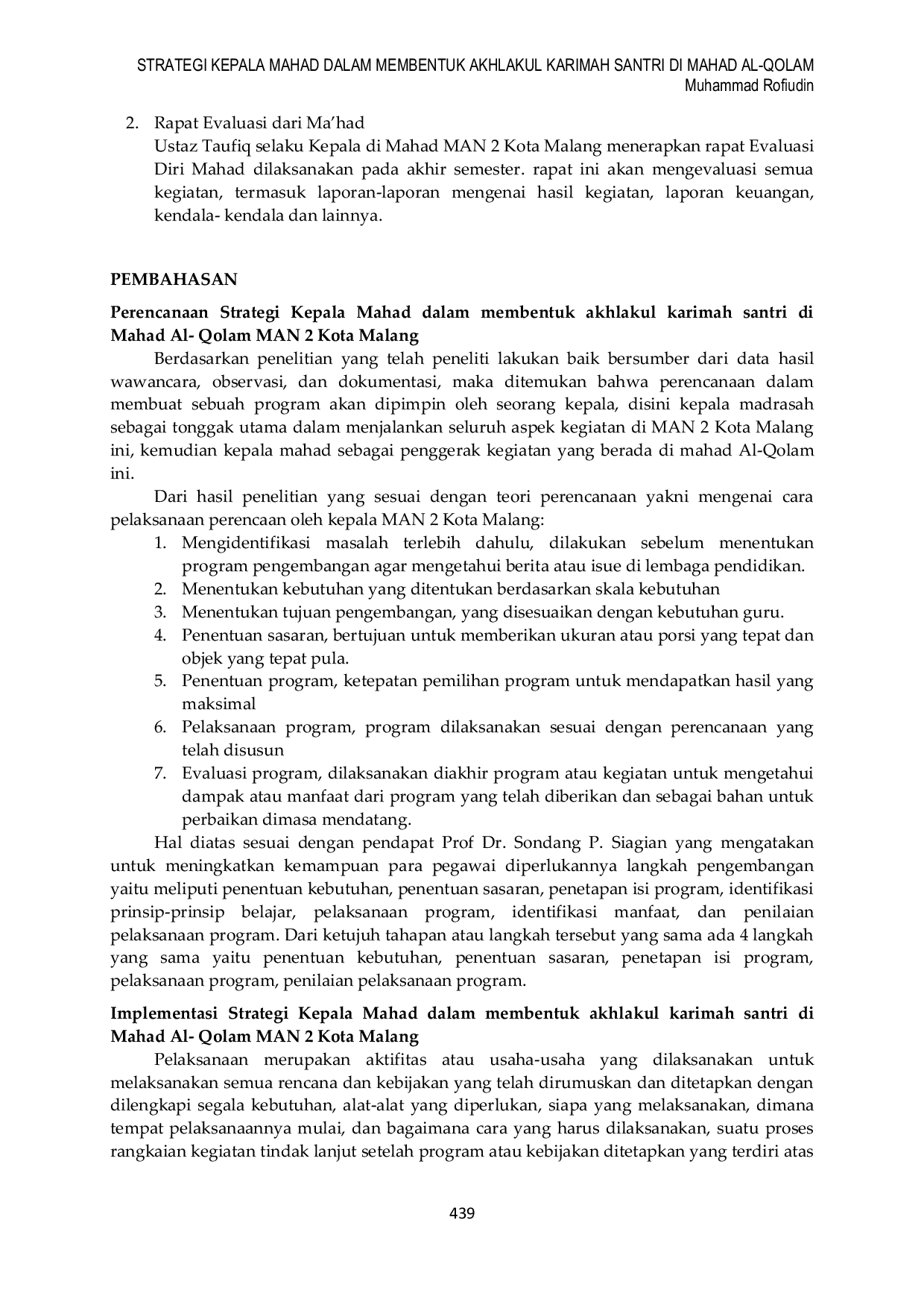 JURIS Strategi Kepala Mahad Dalam Membentuk Akhlakul Karimah Santri Di Mahad Al Qolam