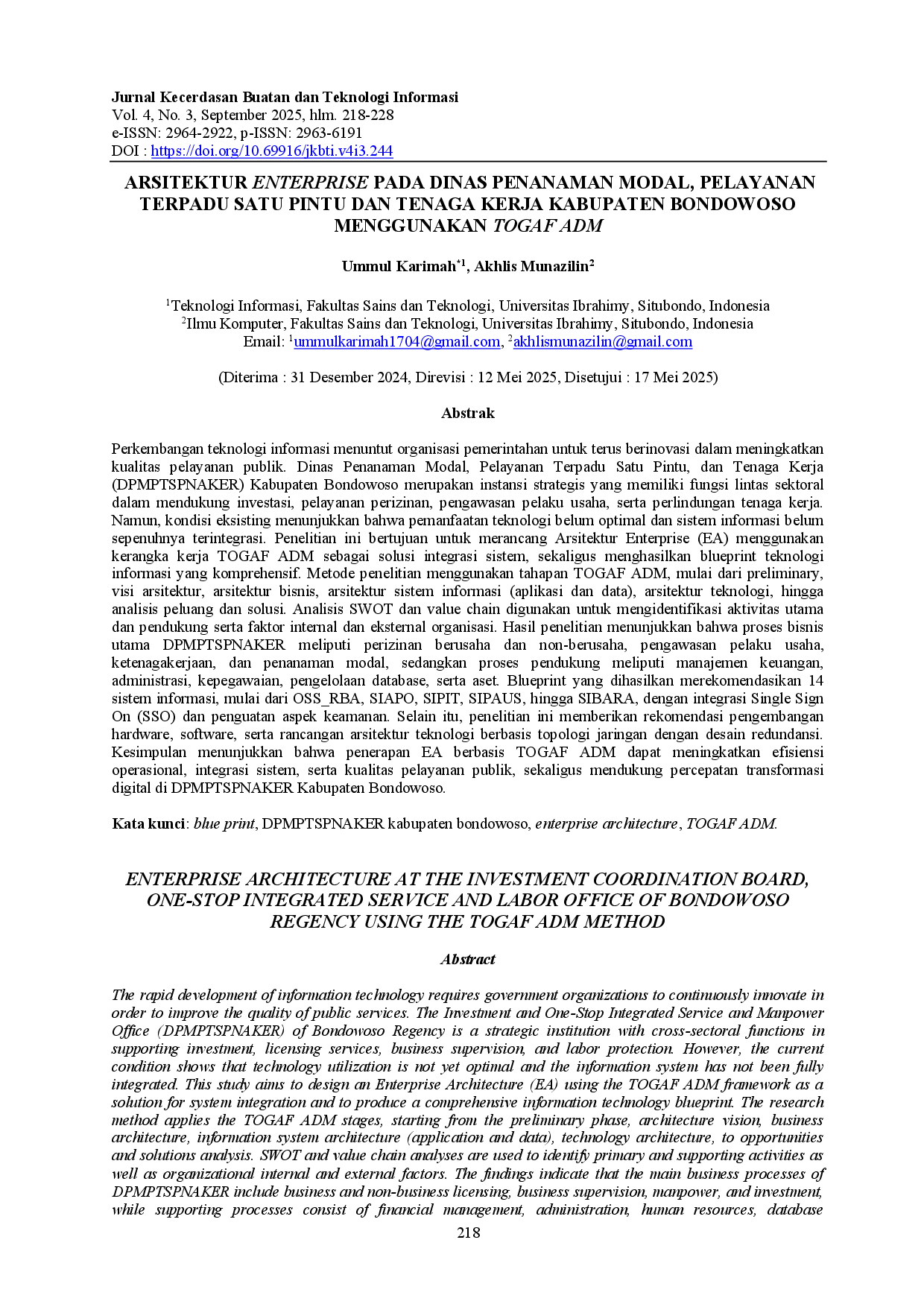 juris Arsitektur Enterprise Pada Dinas Penanaman Modal Pelayanan Terpadu Satu Pintu Dan Tenaga Kerja Kabupaten Bondowoso Menggunakan Togaf Adm