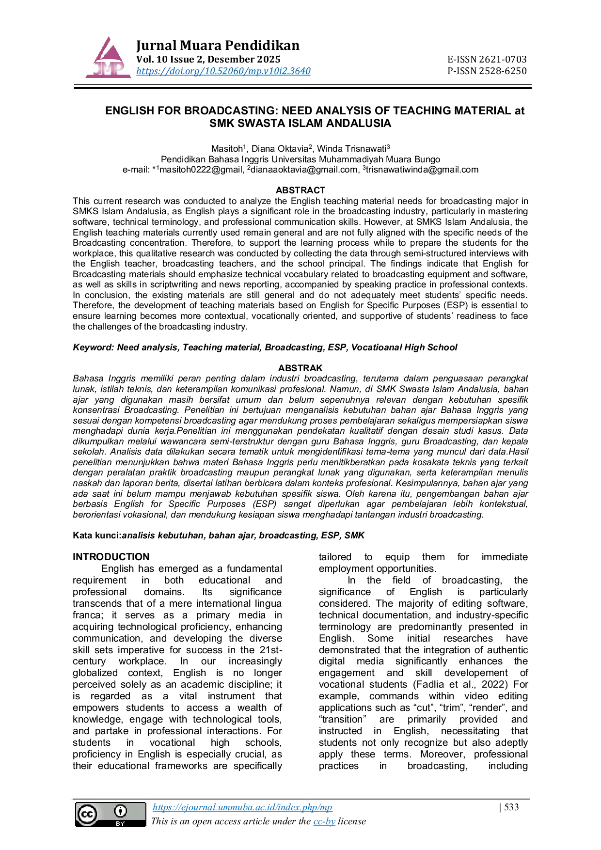 JURIS Bahasa Inggris untuk Broadcasting Materi Pengajaran Need Analisis