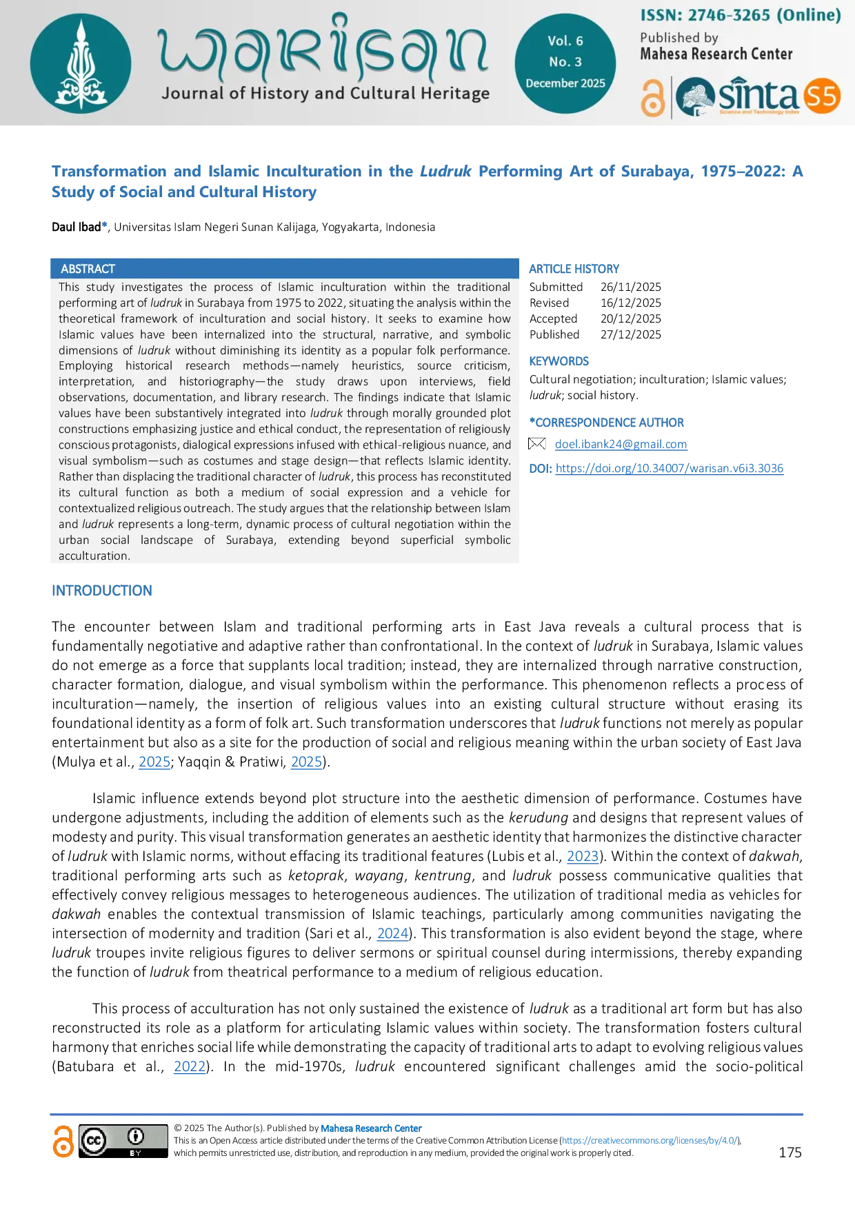 JURIS Transformation and Islamic Inculturation in the Ludruk Performing Art of Surabaya 1975 2022 A Study of Social and Cultural History
