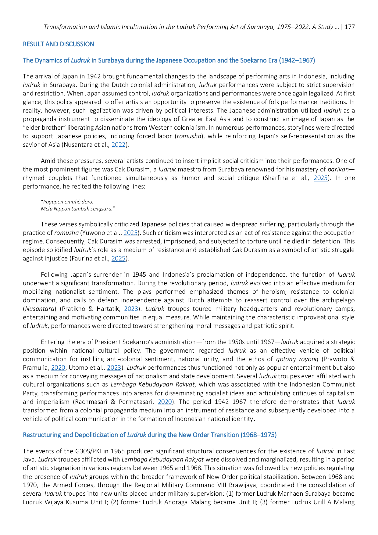 JURIS Transformation and Islamic Inculturation in the Ludruk Performing Art of Surabaya 1975 2022 A Study of Social and Cultural History