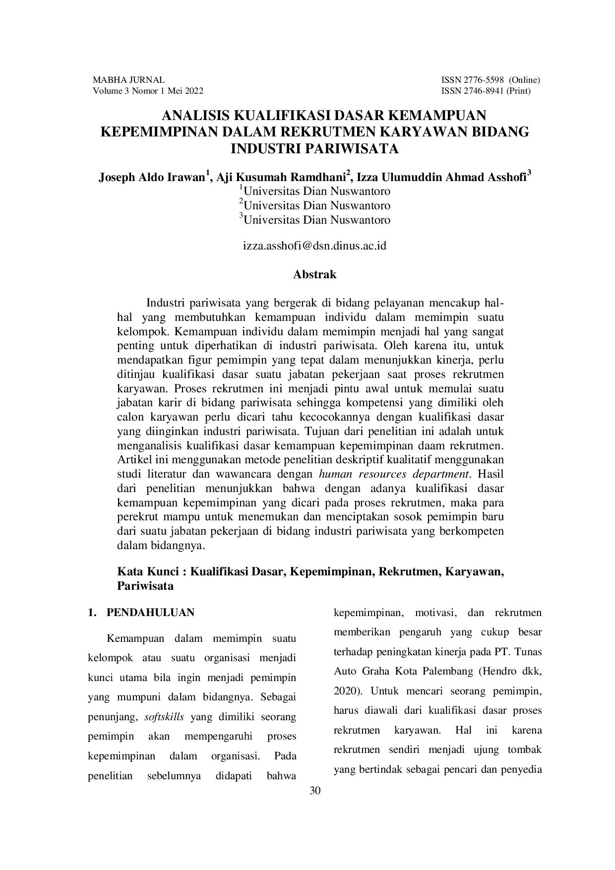JURIS Analisis Kualifikasi Dasar Kemampuan Kepemimpinan dalam Rekrutmen Karyawan Bidang Industri Pariwisata