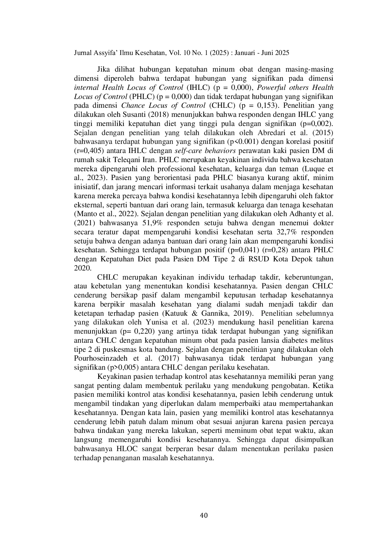 JURIS Hubungan Health Locus of Control Dengan Kepatuhan Minum Obat Pada Pasien Diabetes Mellitus Tipe 2