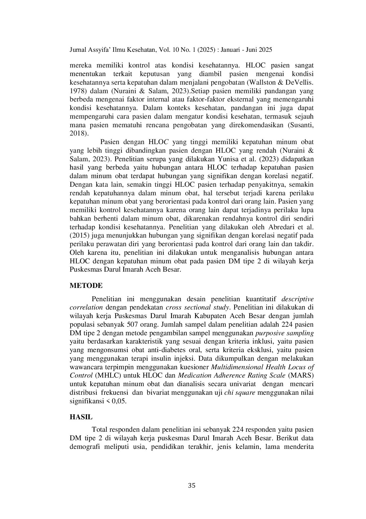 JURIS Hubungan Health Locus of Control Dengan Kepatuhan Minum Obat Pada Pasien Diabetes Mellitus Tipe 2