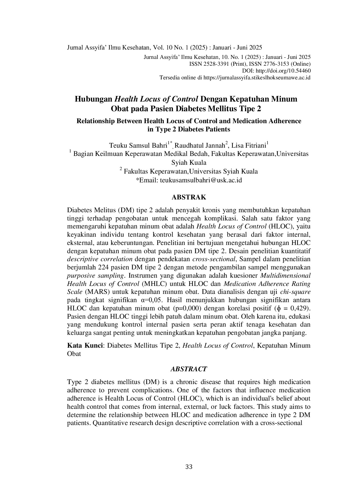 JURIS Hubungan Health Locus of Control Dengan Kepatuhan Minum Obat Pada Pasien Diabetes Mellitus Tipe 2